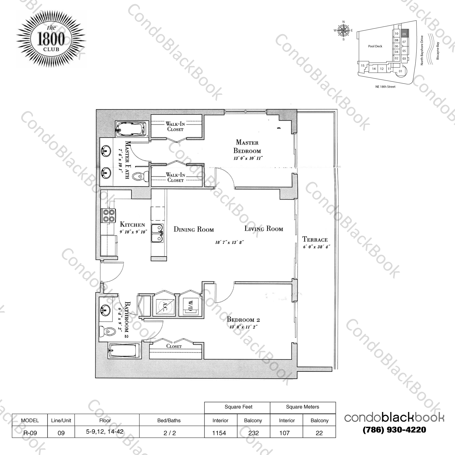 Floor plan for 1800 Club Edgewater Miami, model R-09, line 09, 2 / 2 bedrooms, 1154 sq ft
