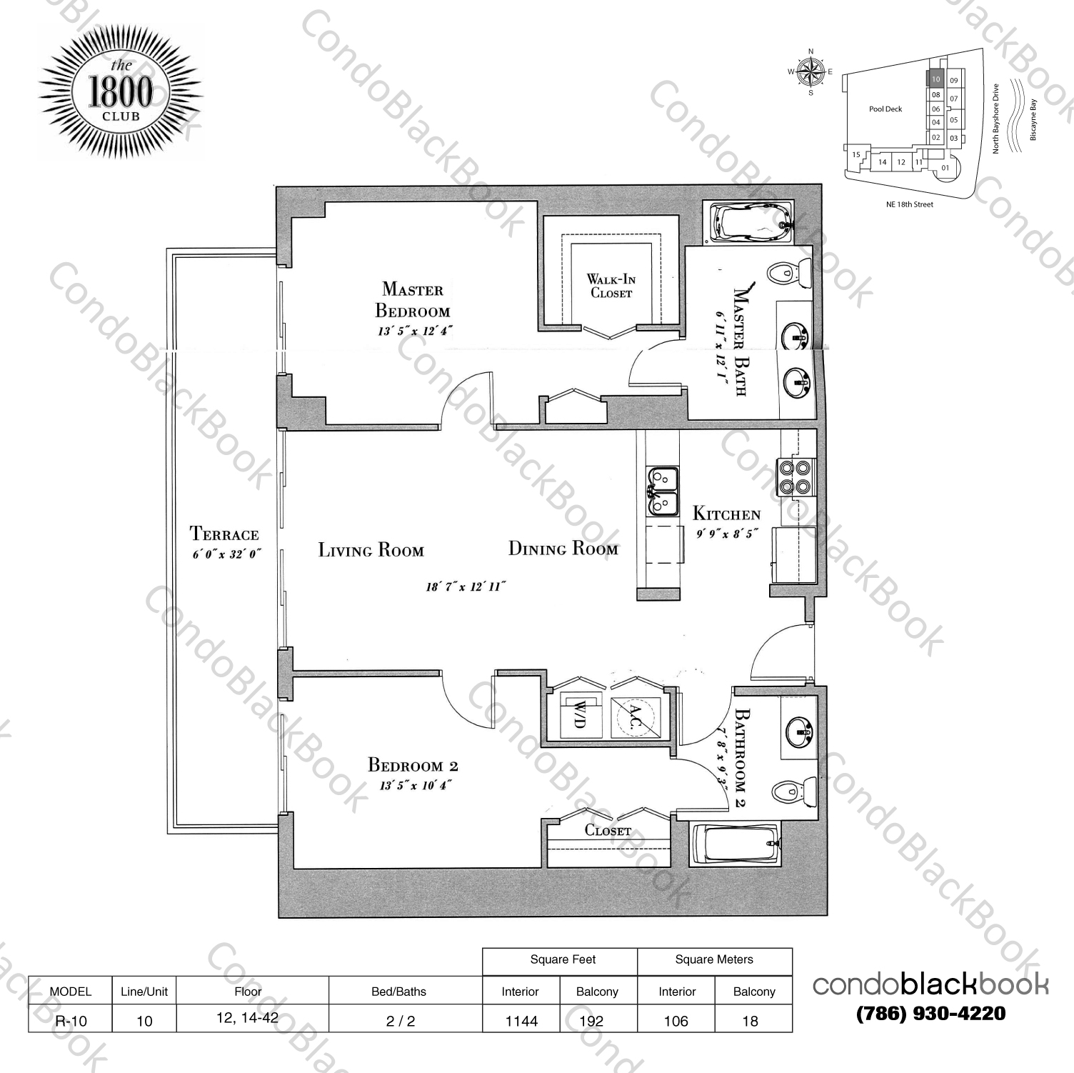 Floor plan for 1800 Club Edgewater Miami, model R-10, line 10, 2 / 2 bedrooms, 1144 sq ft