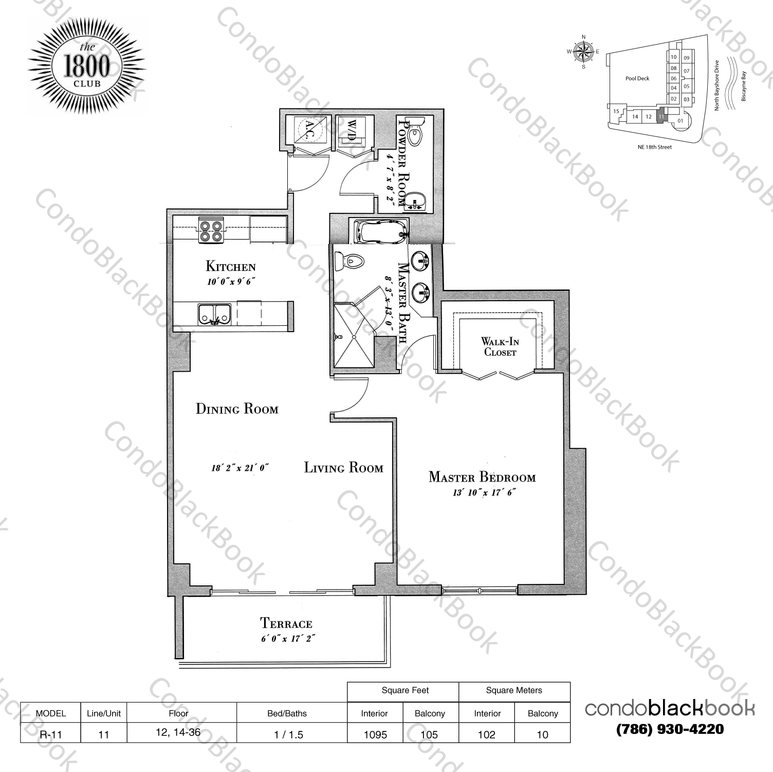 Floor plan for 1800 Club Edgewater Miami, model R-11, line 11, 1 / 1.5 bedrooms, 1095 sq ft