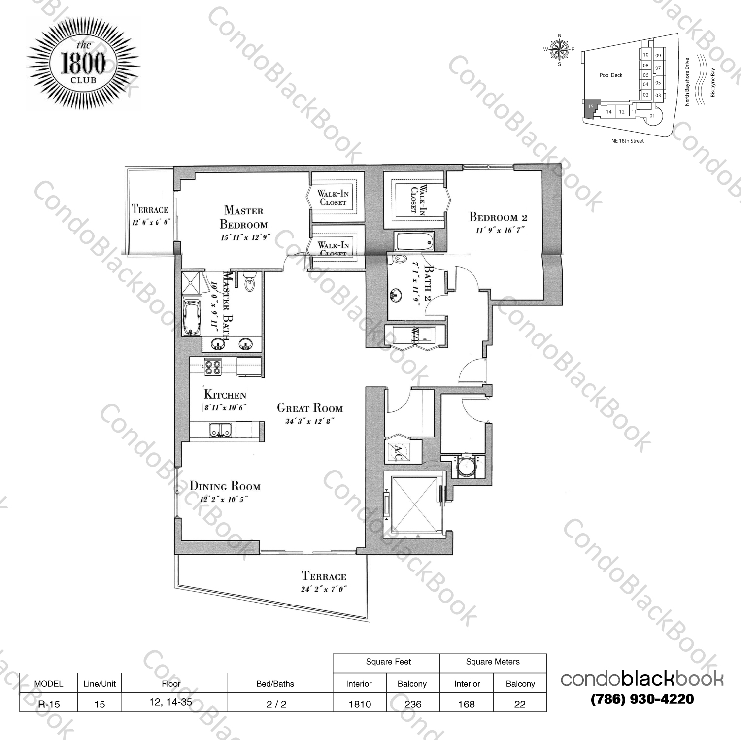 Floor plan for 1800 Club Edgewater Miami, model R-15, line 15, 2 / 2 bedrooms, 1810 sq ft