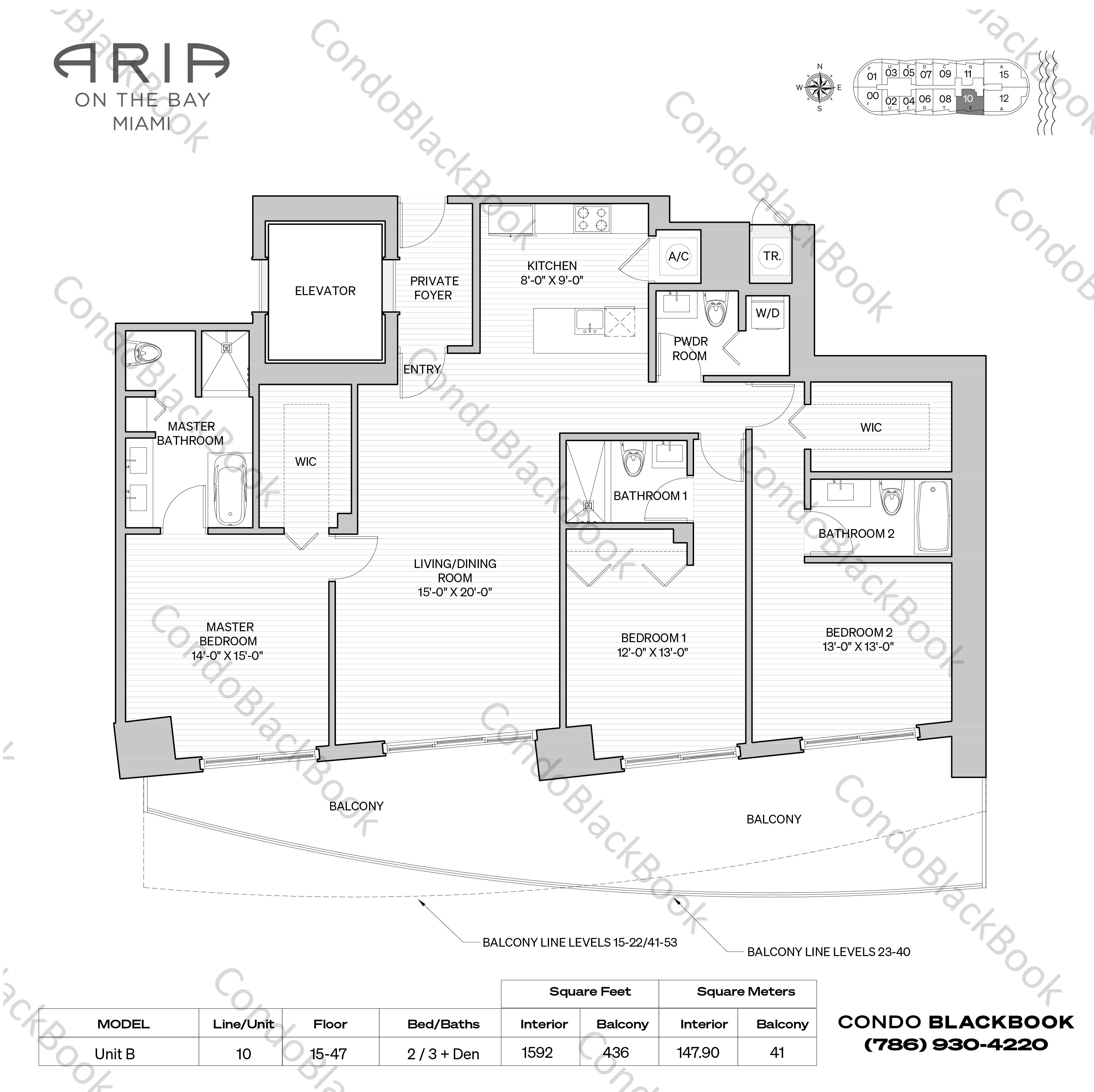 Floor plan for Aria on the Bay Edgewater Miami, model Unit B, line 10, 2 / 3 + Den bedrooms, 1592 sq ft