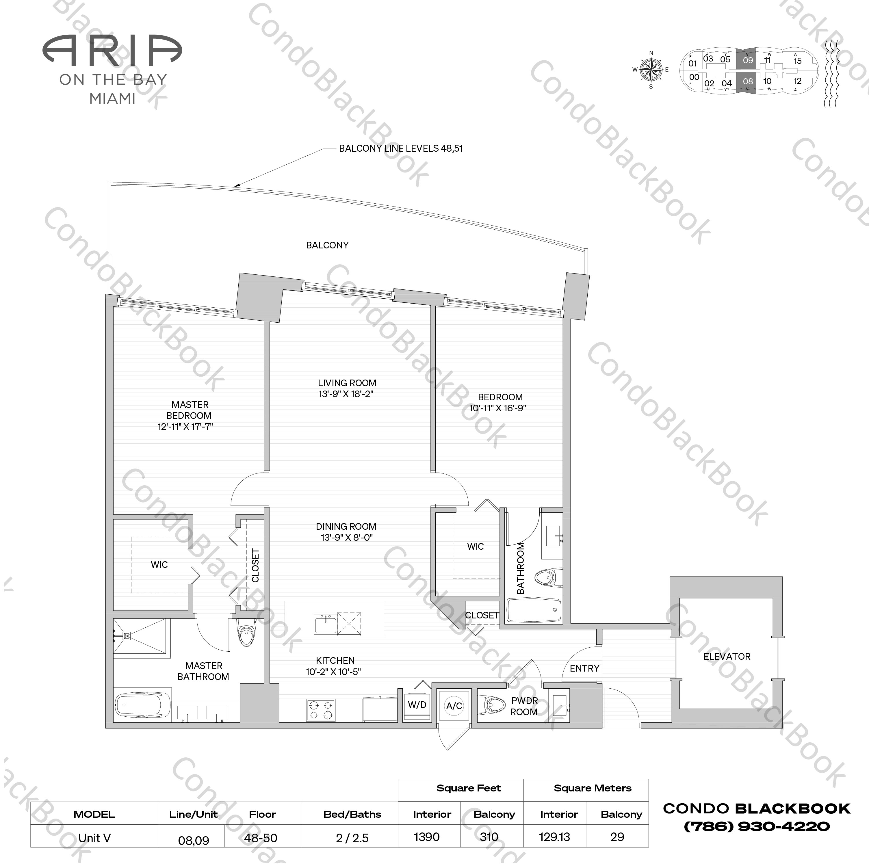 Floor plan for Aria on the Bay Edgewater Miami, model Unit V, line 08,09, 2 / 2.5 bedrooms, 1390 sq ft