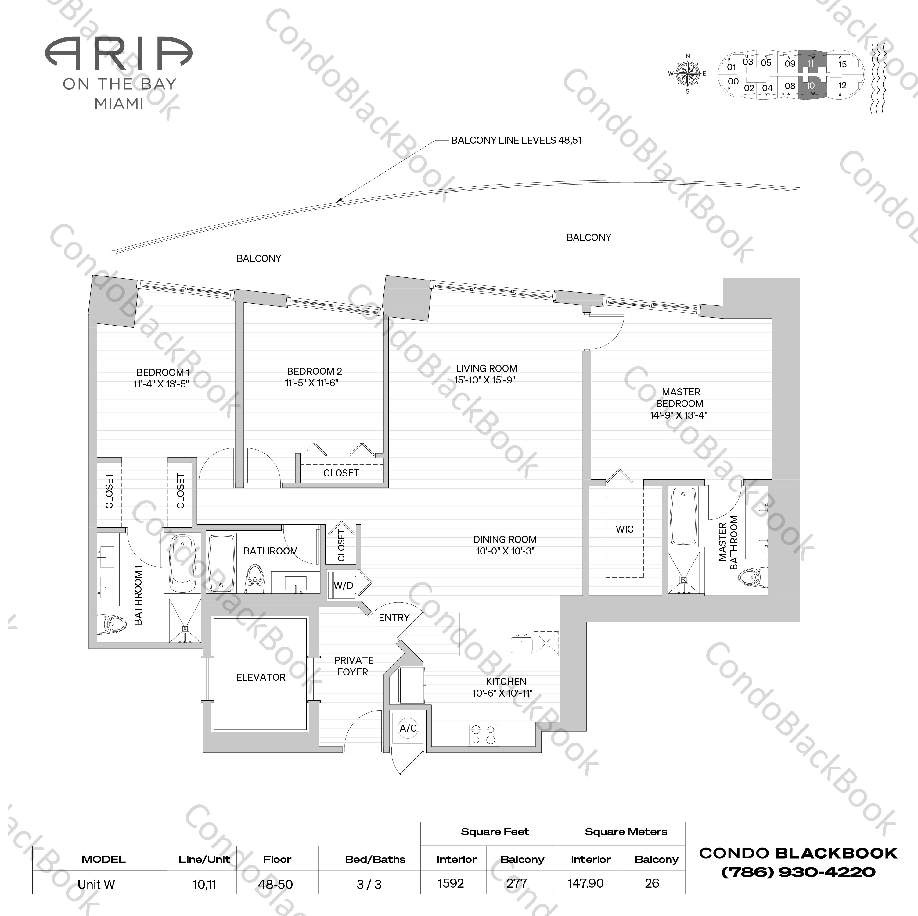 Floor plan for Aria on the Bay Edgewater Miami, model Unit W, line 10,11, 3 / 3 bedrooms, 1592 sq ft