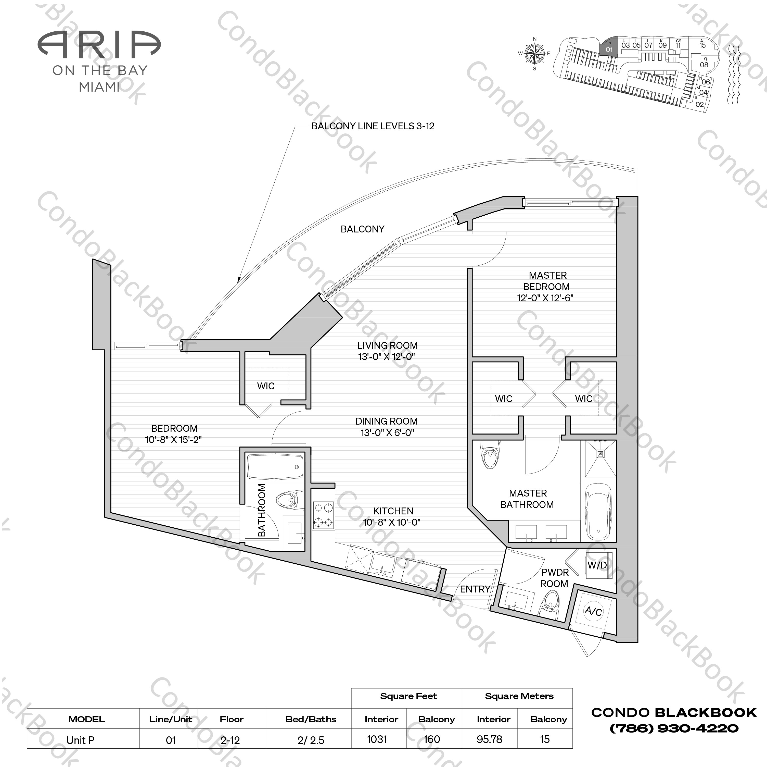 Floor plan for Aria on the Bay Edgewater Miami, model Unit P, line 01, 2 / 2.5 bedrooms, 1031 sq ft