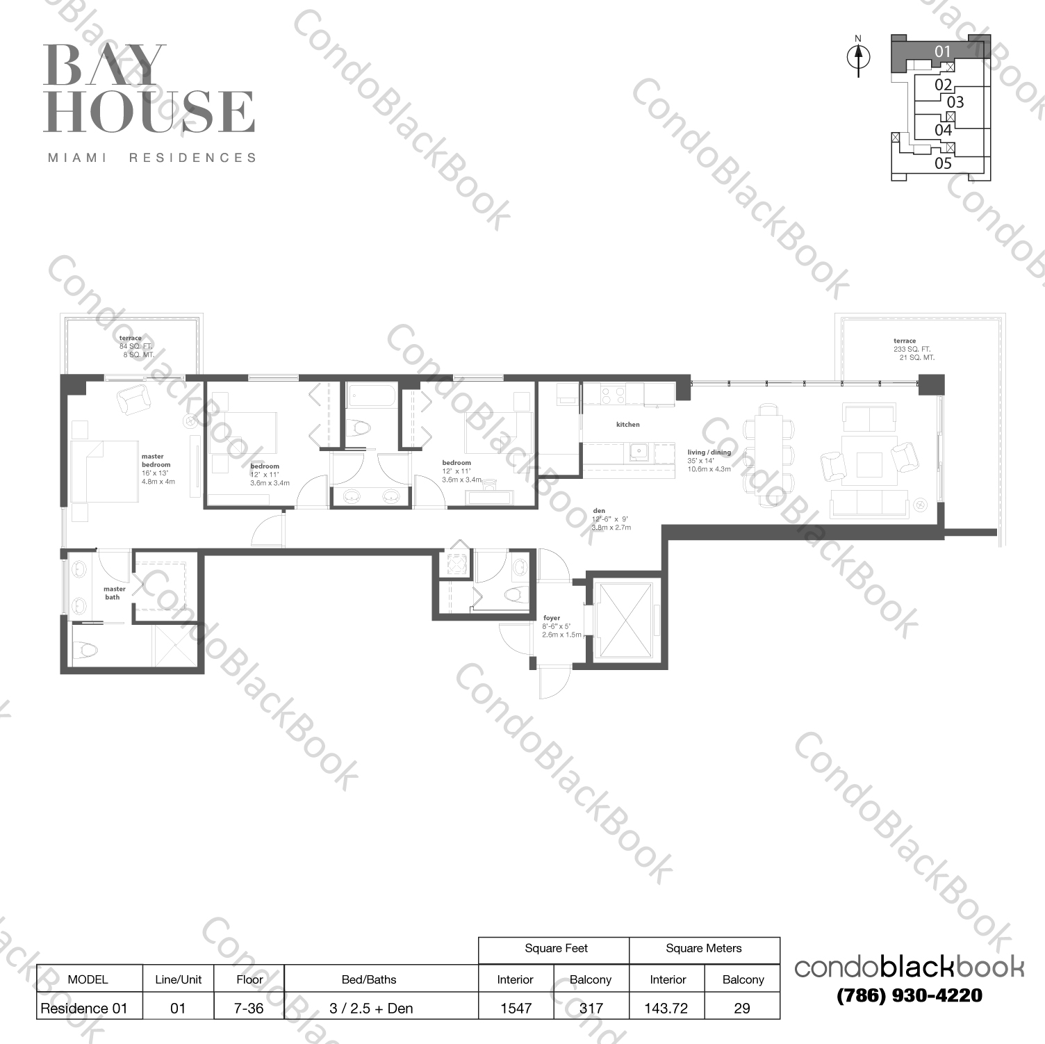 Floor plan for Bay House Edgewater Miami, model Residence 01, line 01, 3 / 2.5 + Den bedrooms, 1547 sq ft