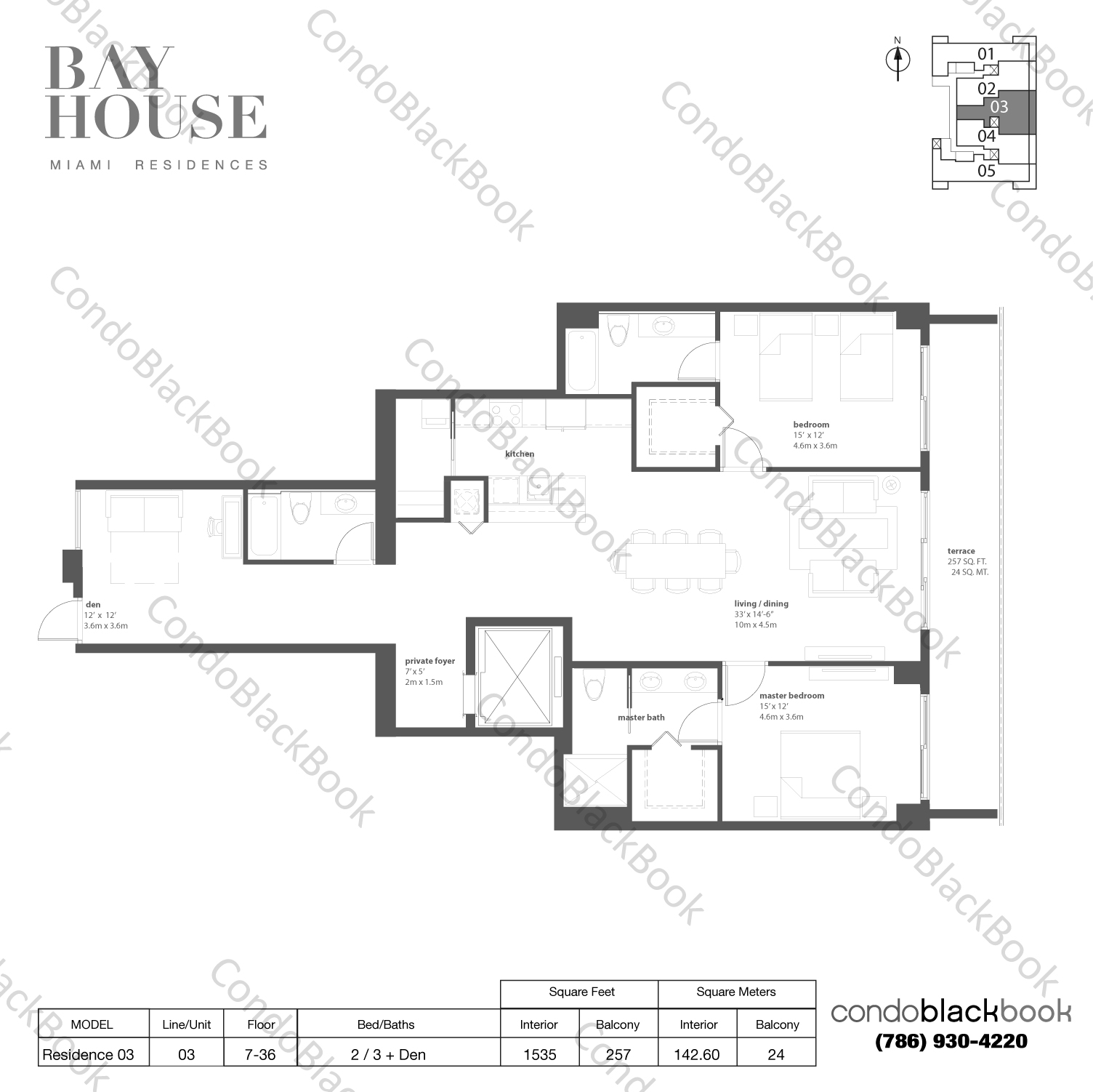 Floor plan for Bay House Edgewater Miami, model Residence 03, line 03, 2 / 3 + Den bedrooms, 1535 sq ft