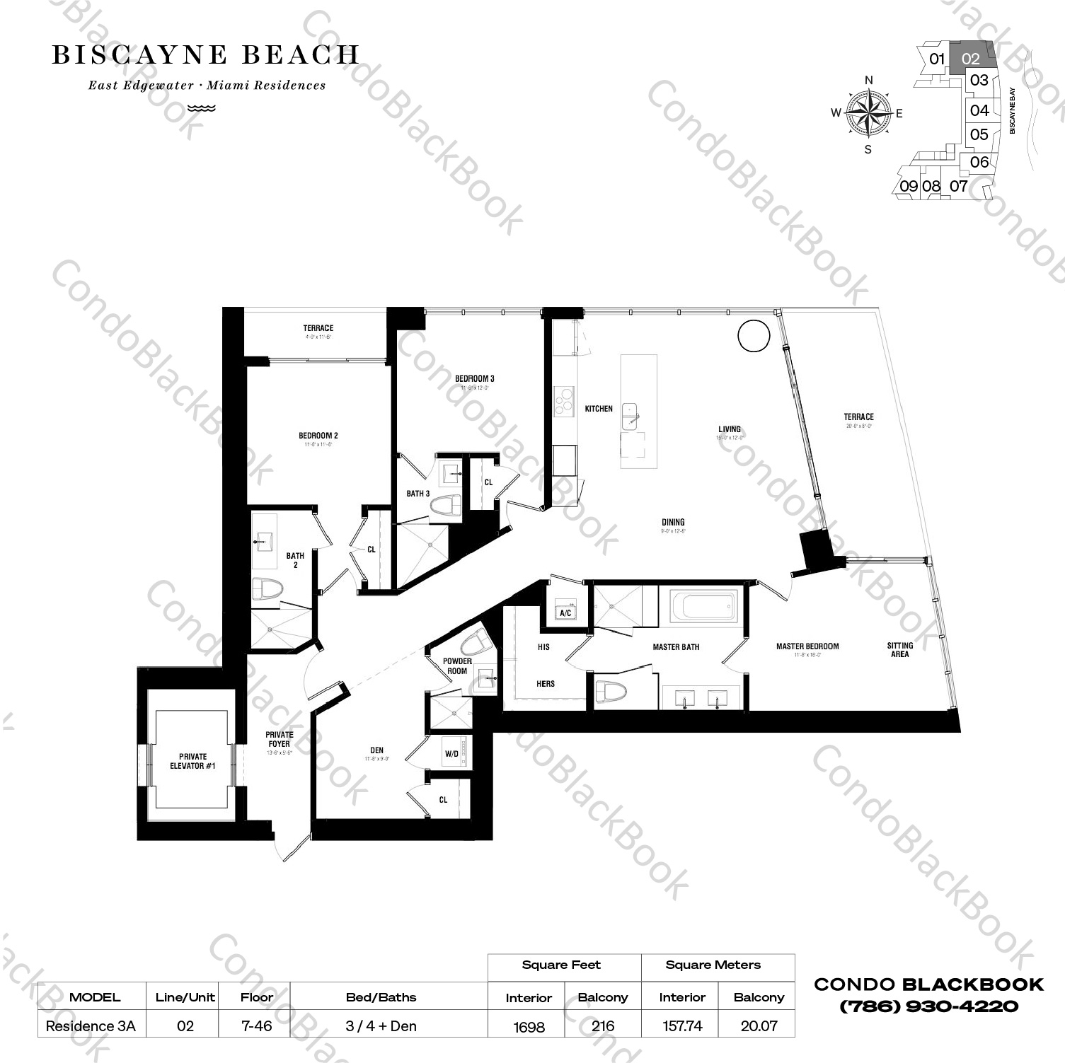 Floor plan for Biscayne Beach Edgewater Miami, model Residence 3A, line 02, 3 / 4 + Den bedrooms, 1698 sq ft