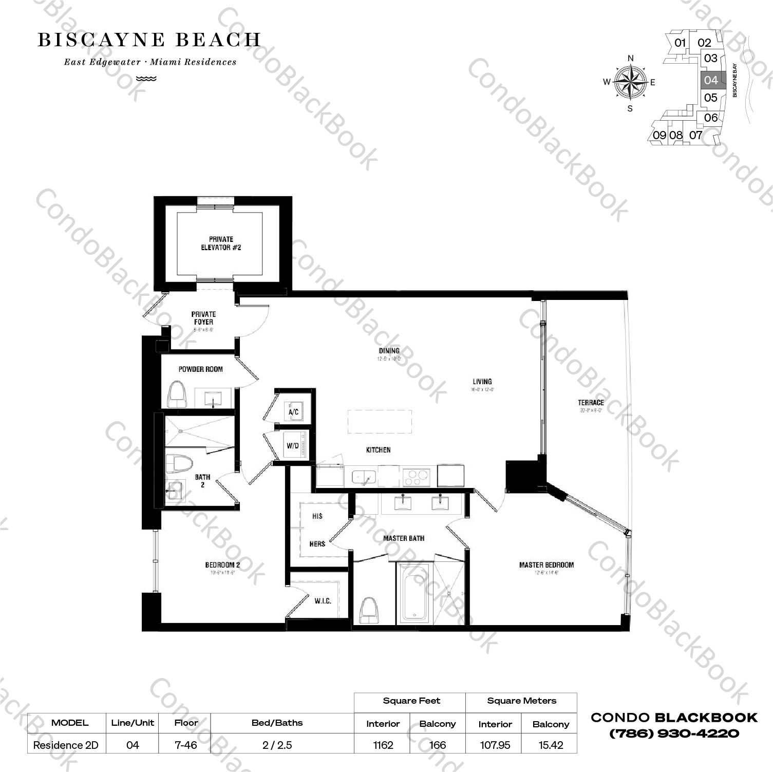 Floor plan for Biscayne Beach Edgewater Miami, model Residence 2D, line 04, 2 / 2.5 bedrooms, 1162 sq ft