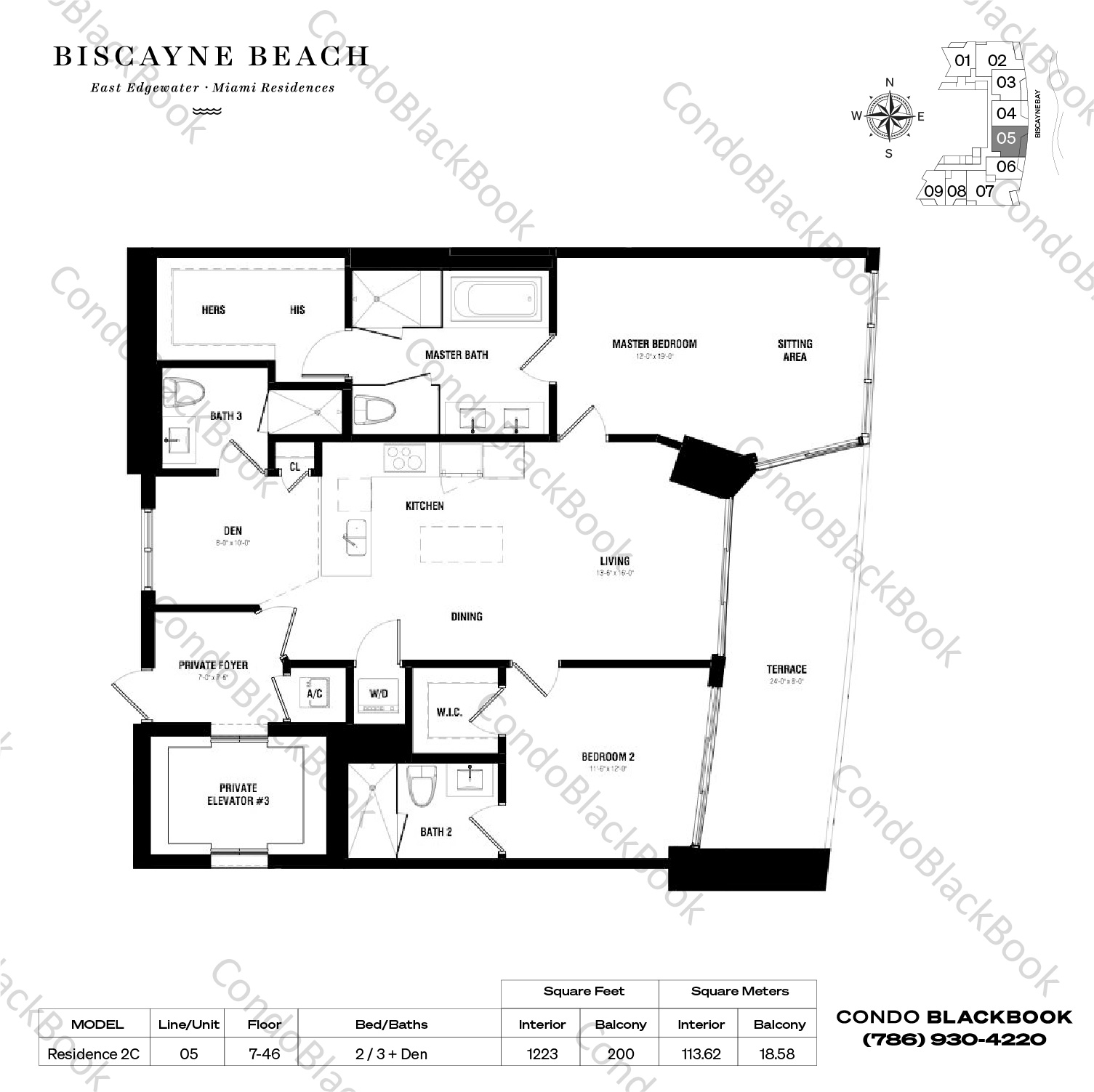 Floor plan for Biscayne Beach Edgewater Miami, model Residence 2C, line 05, 2 / 3 + Den bedrooms, 1223 sq ft