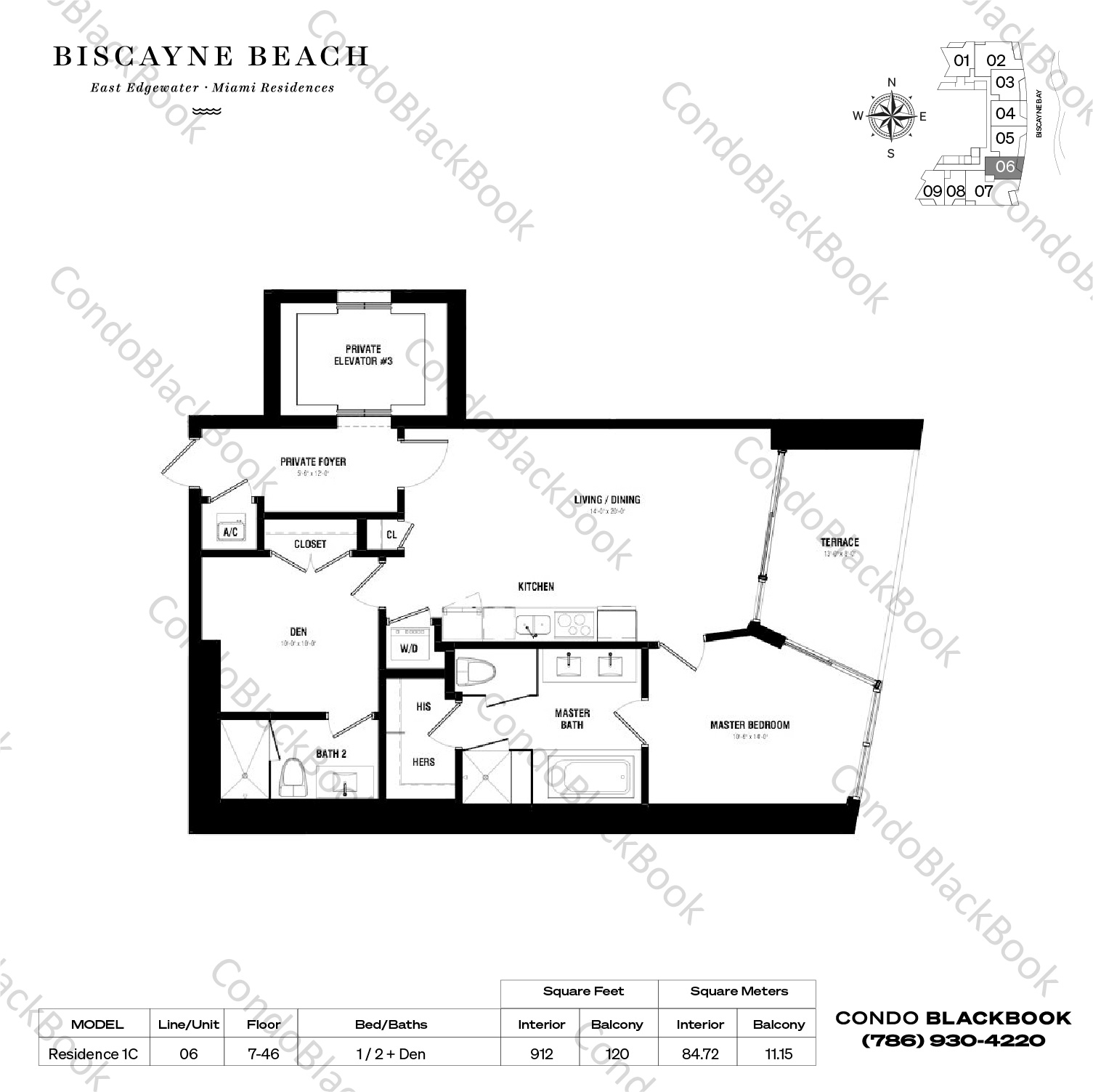 Floor plan for Biscayne Beach Edgewater Miami, model Residence 1C, line 06, 1 / 2 + Den bedrooms, 912 sq ft