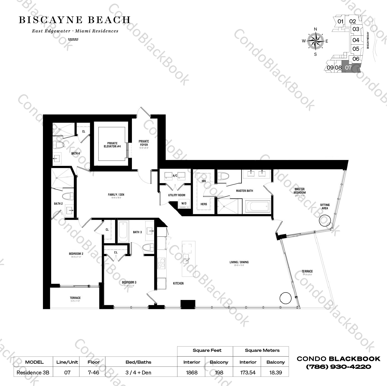 Floor plan for Biscayne Beach Edgewater Miami, model Residence 3B, line 07, 3 / 4 + Den bedrooms, 1868 sq ft
