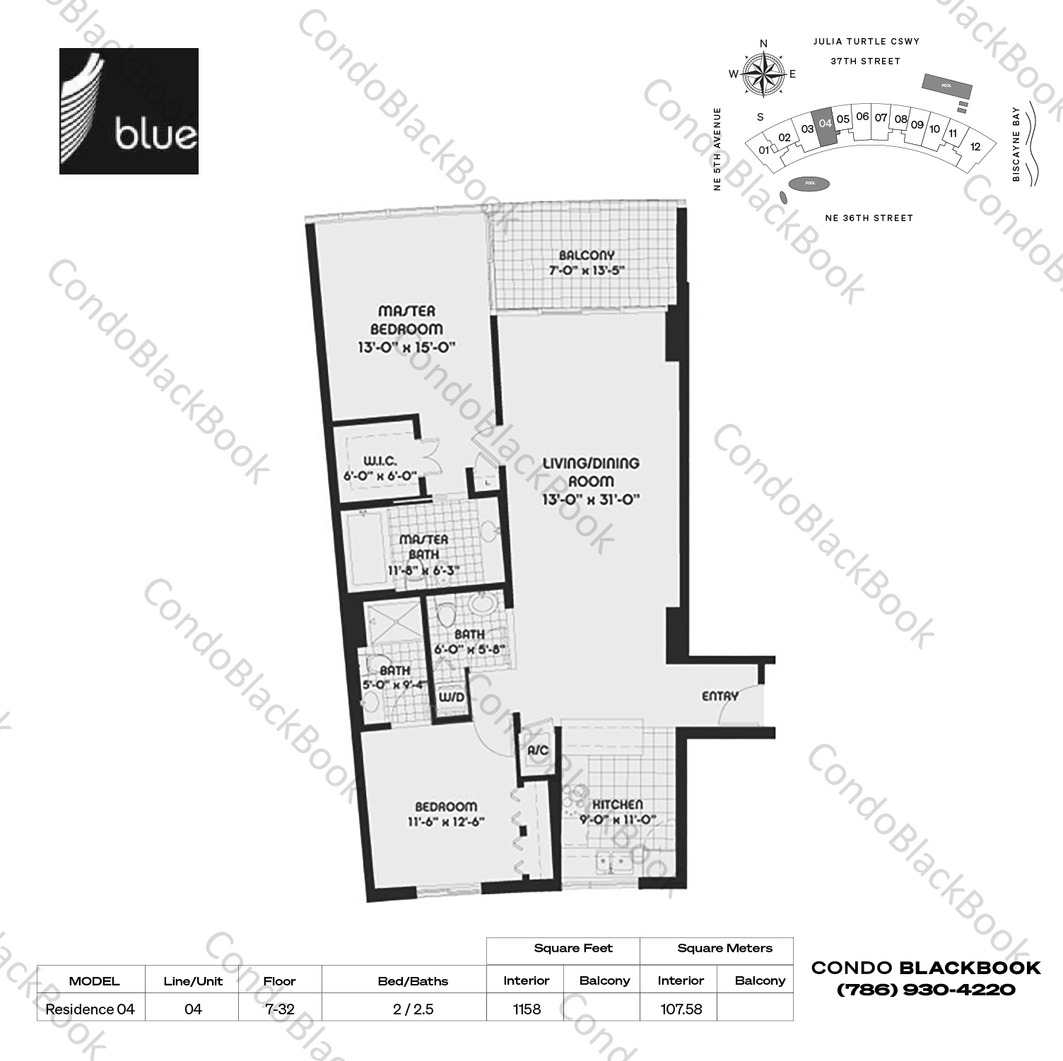 Floor plan for Blue Edgewater Miami, model Residence 04, line 04, 2 / 2.5 bedrooms, 1158 sq ft