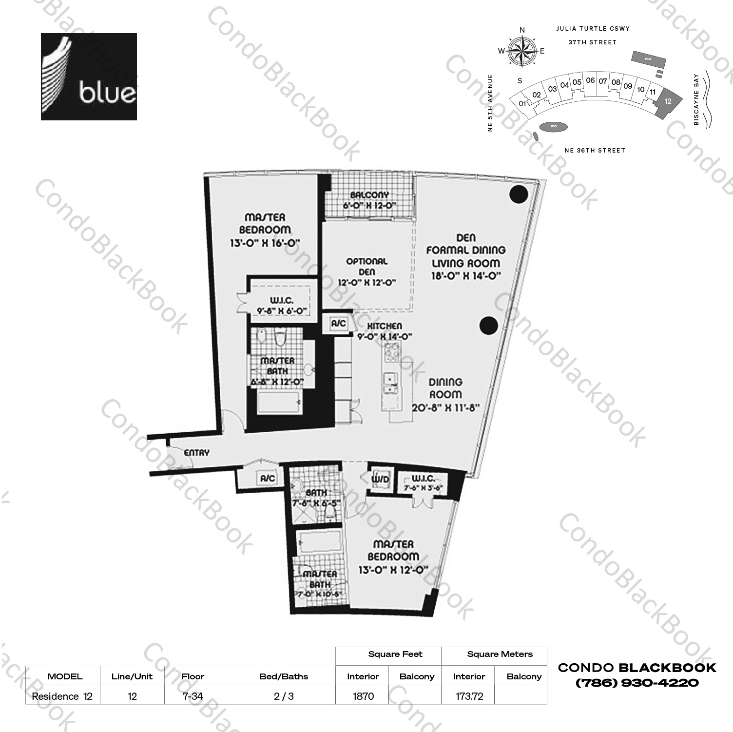 Floor plan for Blue Edgewater Miami, model Residence 12, line 12, 2 / 3 bedrooms, 1870 sq ft