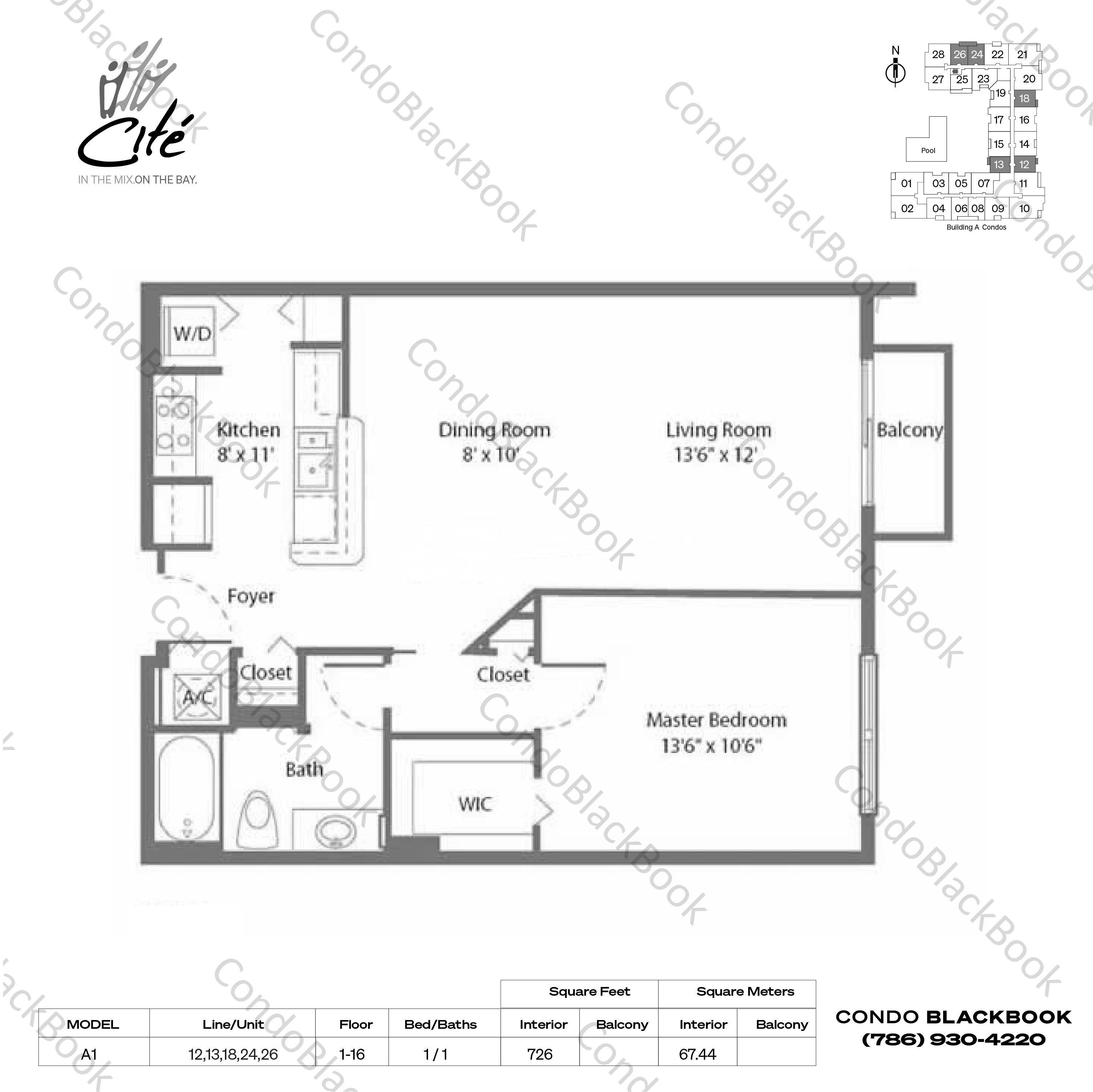 Floor plan for Cite Edgewater Miami, model A1, line 12,13,18,24,26, 1 / 1 bedrooms, 726 sq ft