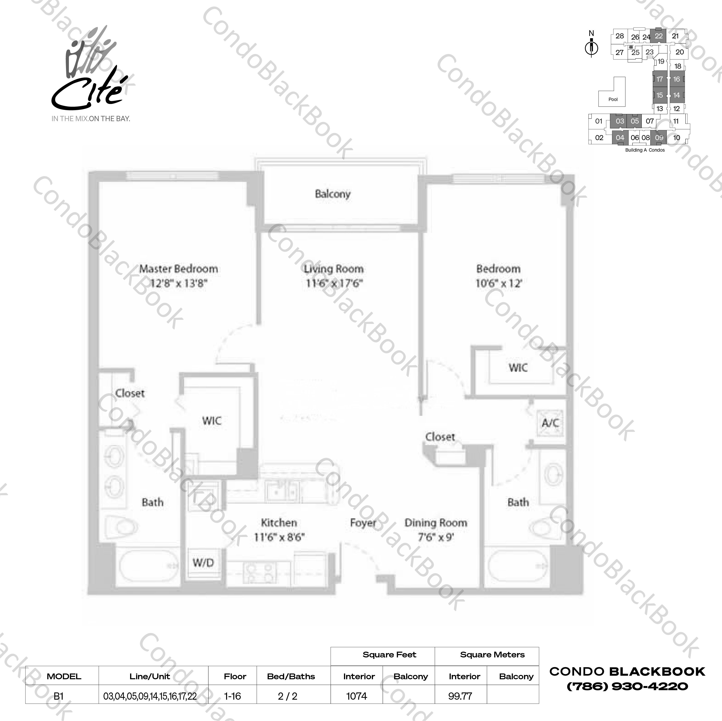 Floor plan for Cite Edgewater Miami, model B1, line 03,04,05,09,14,15,16,17,22, 2 / 2 bedrooms, 1074 sq ft