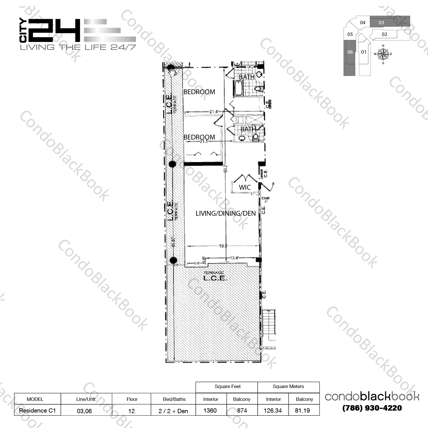 Floor plan for City 24 Edgewater Miami, model Residence C1, line 03,06, 2 / 2 + Den bedrooms, 1360 sq ft