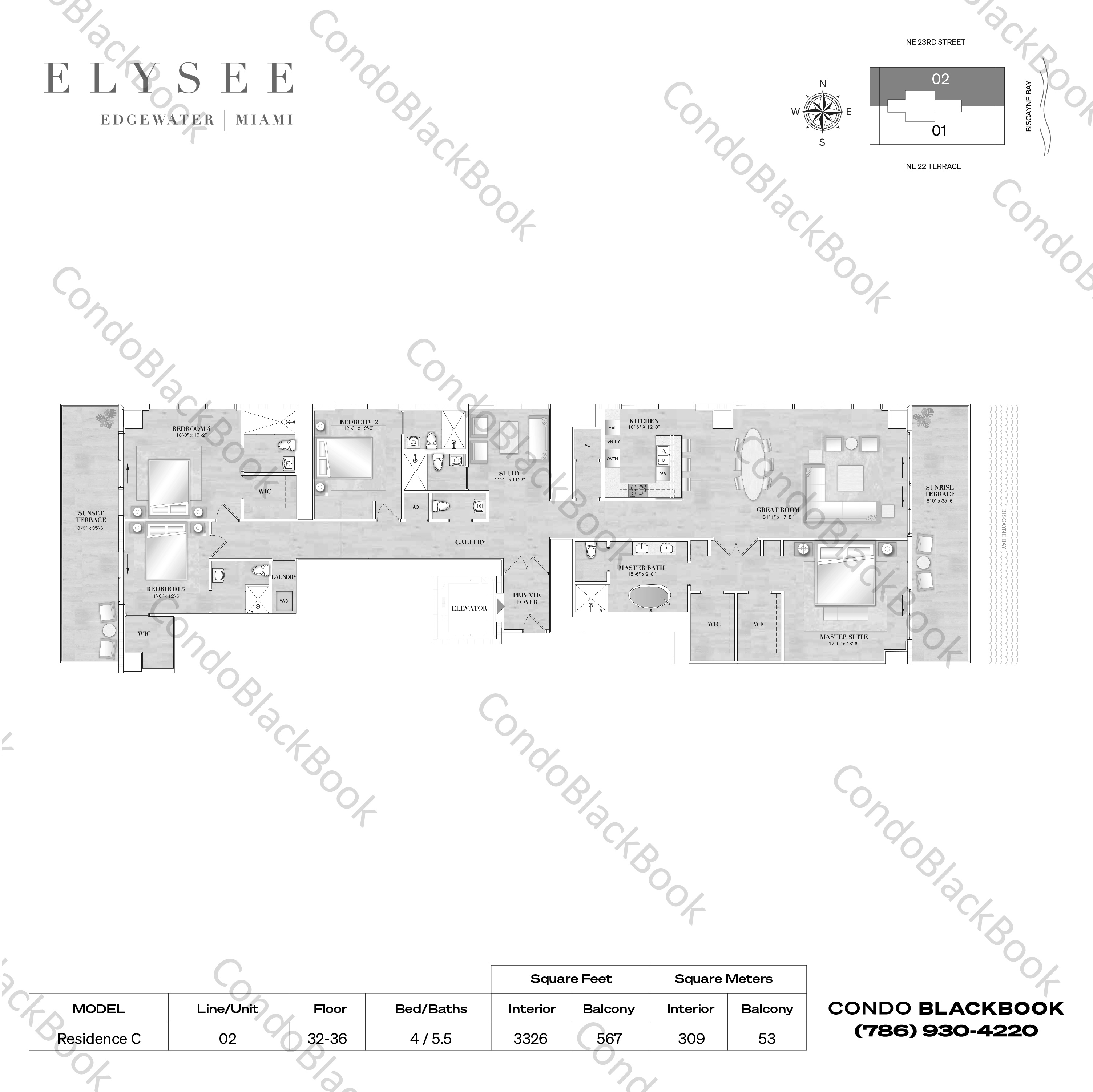 Floor plan for Elysee Miami Edgewater Miami, model Residence C, line 02, 4 / 5.5 bedrooms, 3326 sq ft