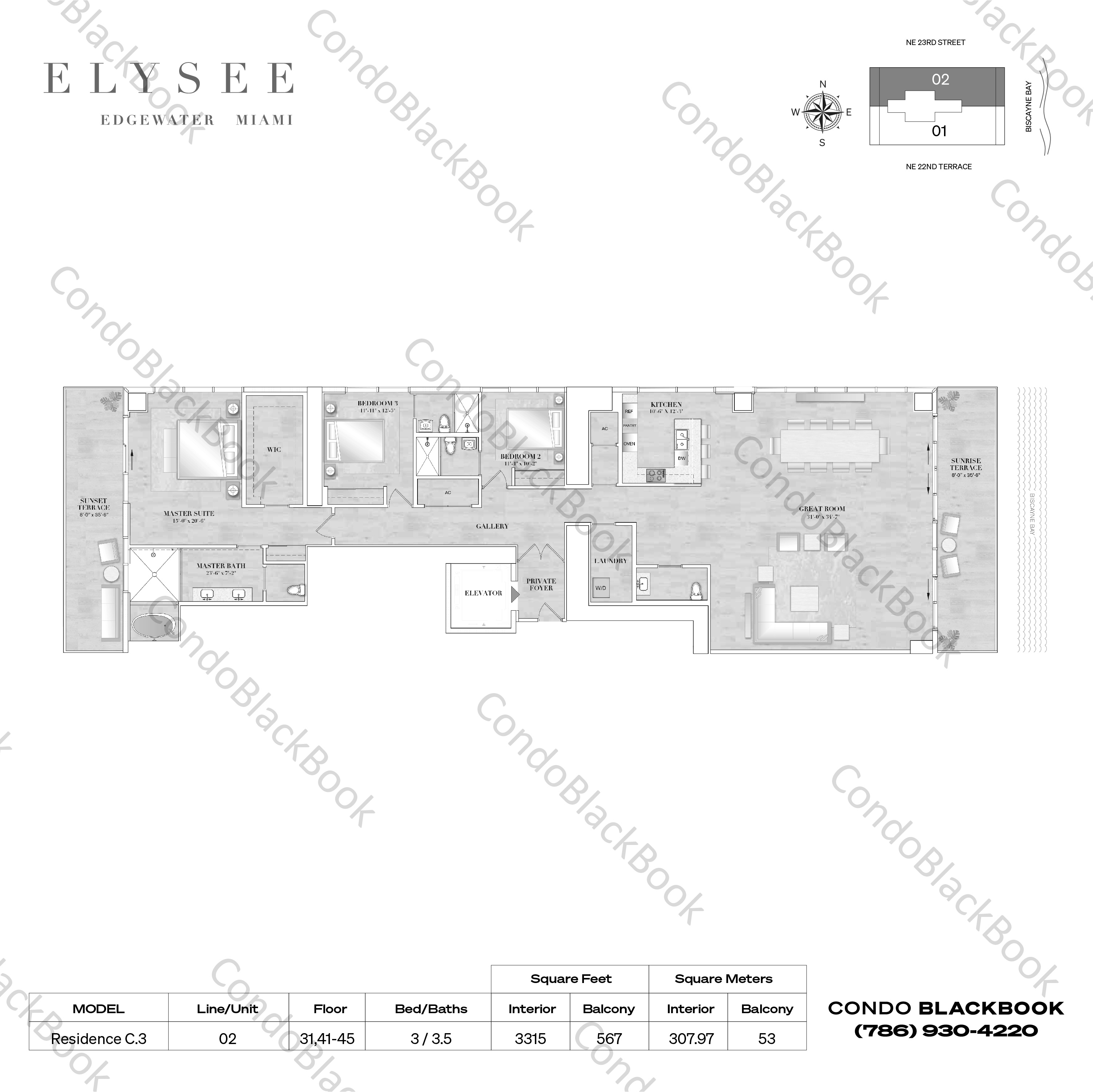Floor plan for Elysee Miami Edgewater Miami, model Residence C.3, line 02, 3 / 3.5 bedrooms, 3315 sq ft
