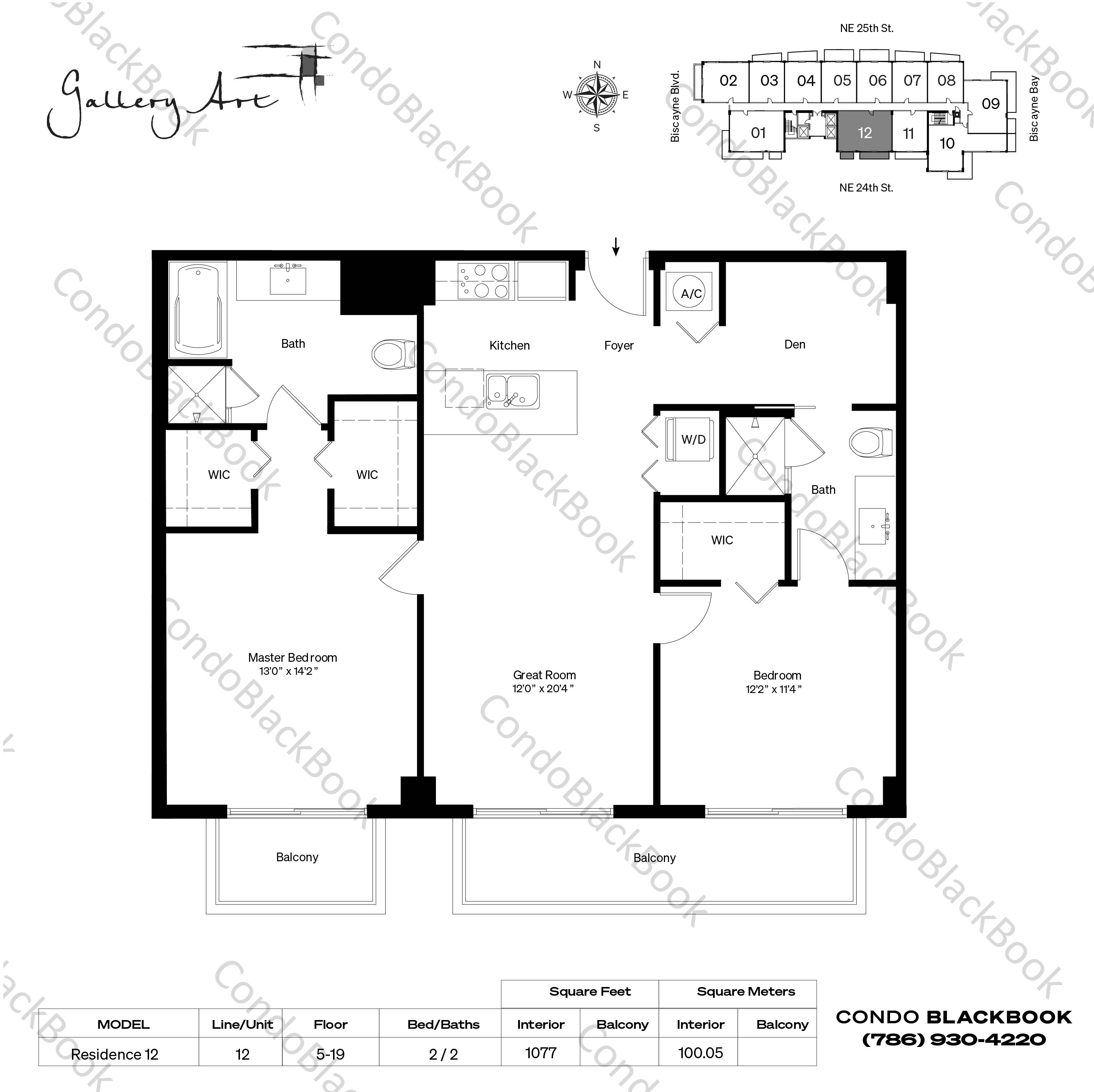 Floor plan for Gallery Art Edgewater Miami, model Residence 12, line 12, 2 / 2 bedrooms, 1077 sq ft