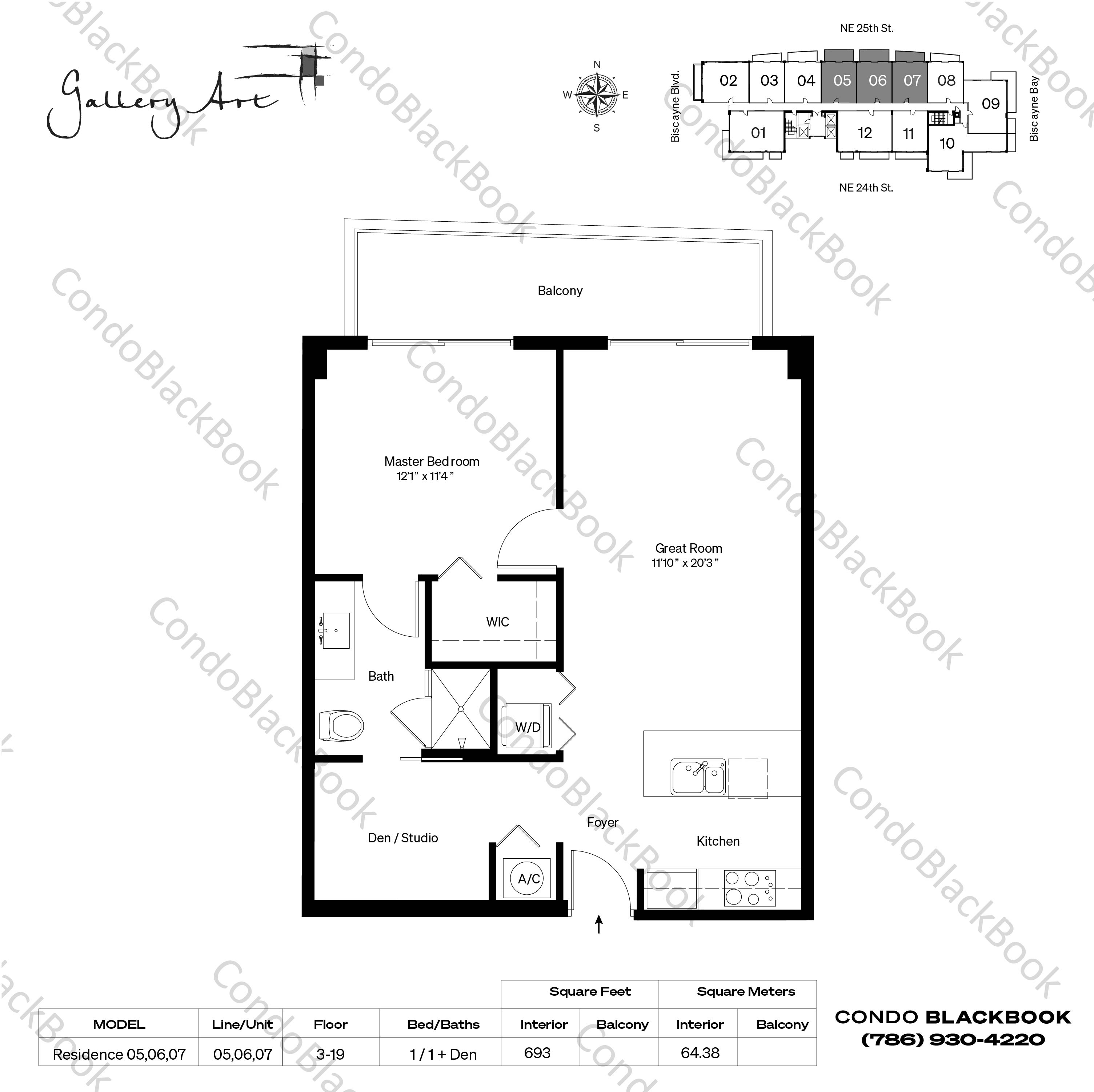 Floor plan for Gallery Art Edgewater Miami, model Residence 05,06,07, line 05,06,07, 1 / 1 + Den bedrooms, 693 sq ft
