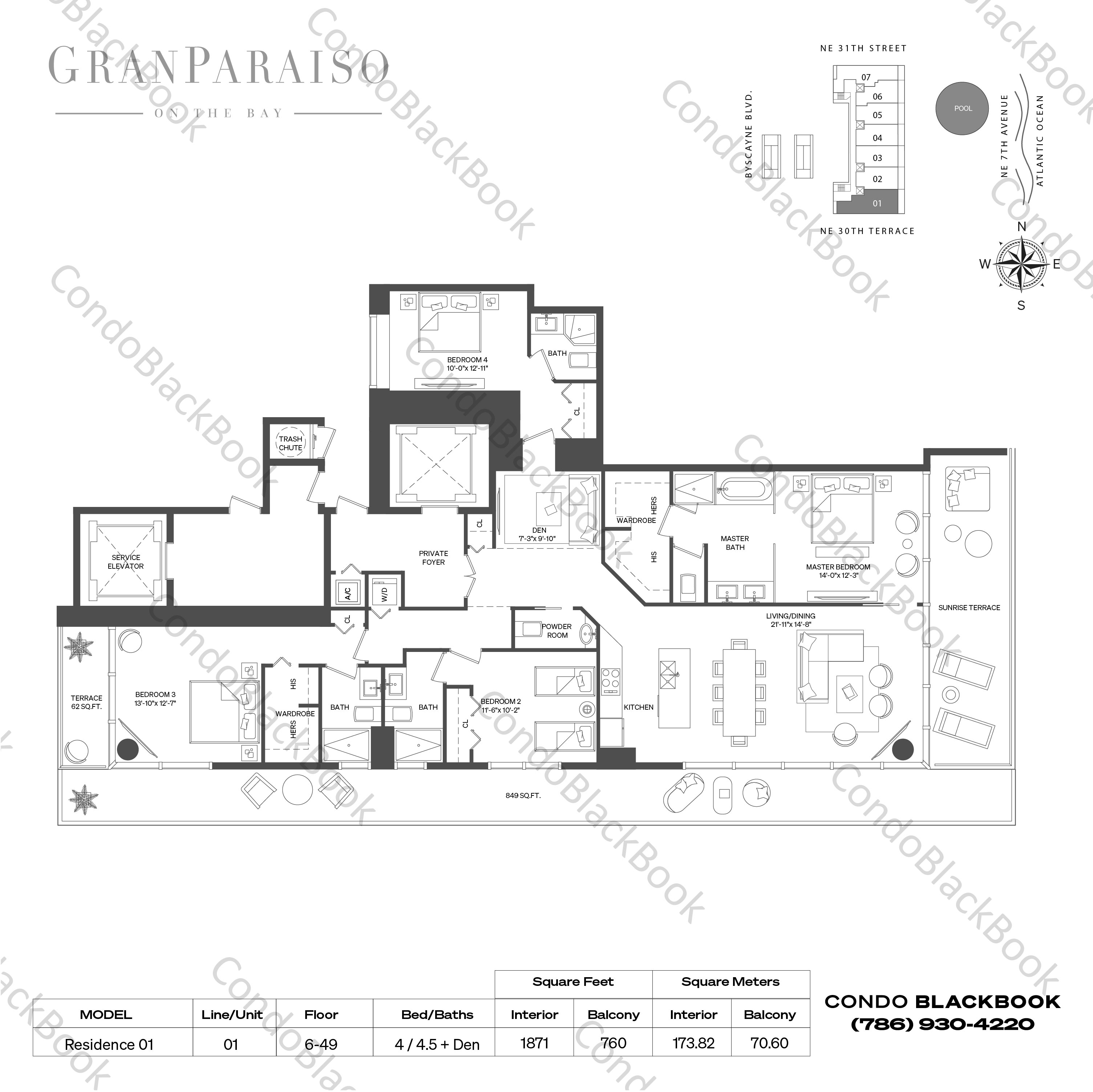 Floor plan for Gran Paraiso Edgewater Miami, model Residence 01, line 01, 4 / 4.5 + Den bedrooms, 1871 sq ft