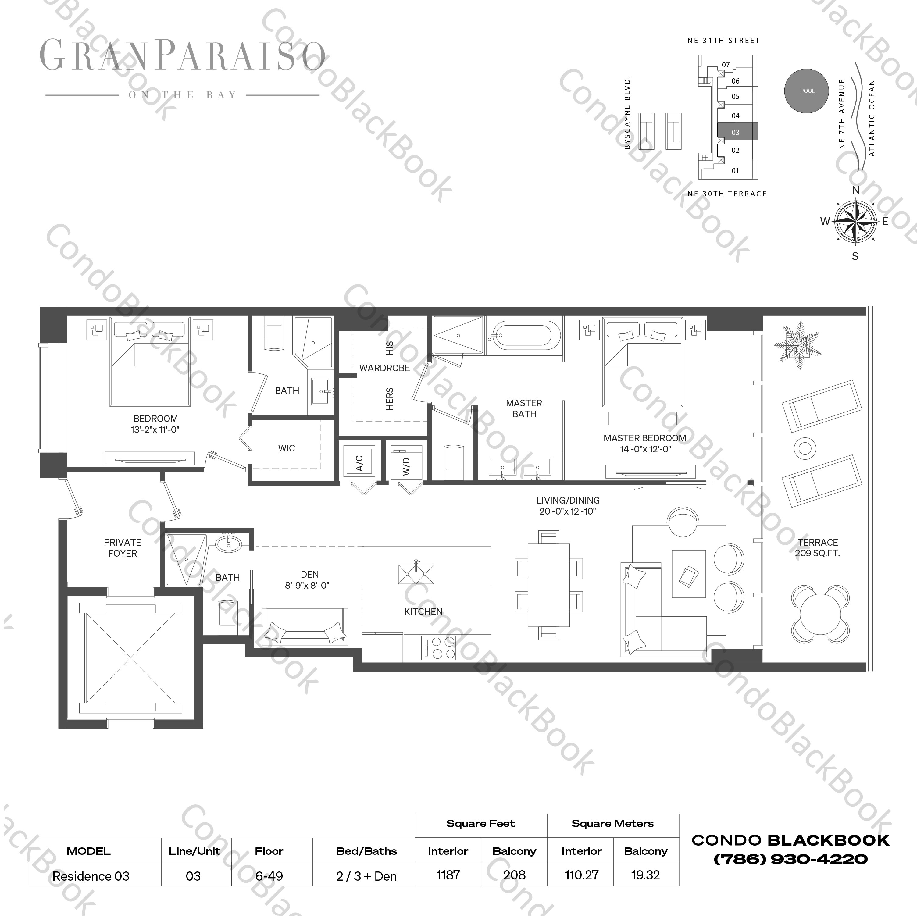 Floor plan for Gran Paraiso Edgewater Miami, model Residence 03, line 03, 2 / 3 + Den bedrooms, 1187 sq ft