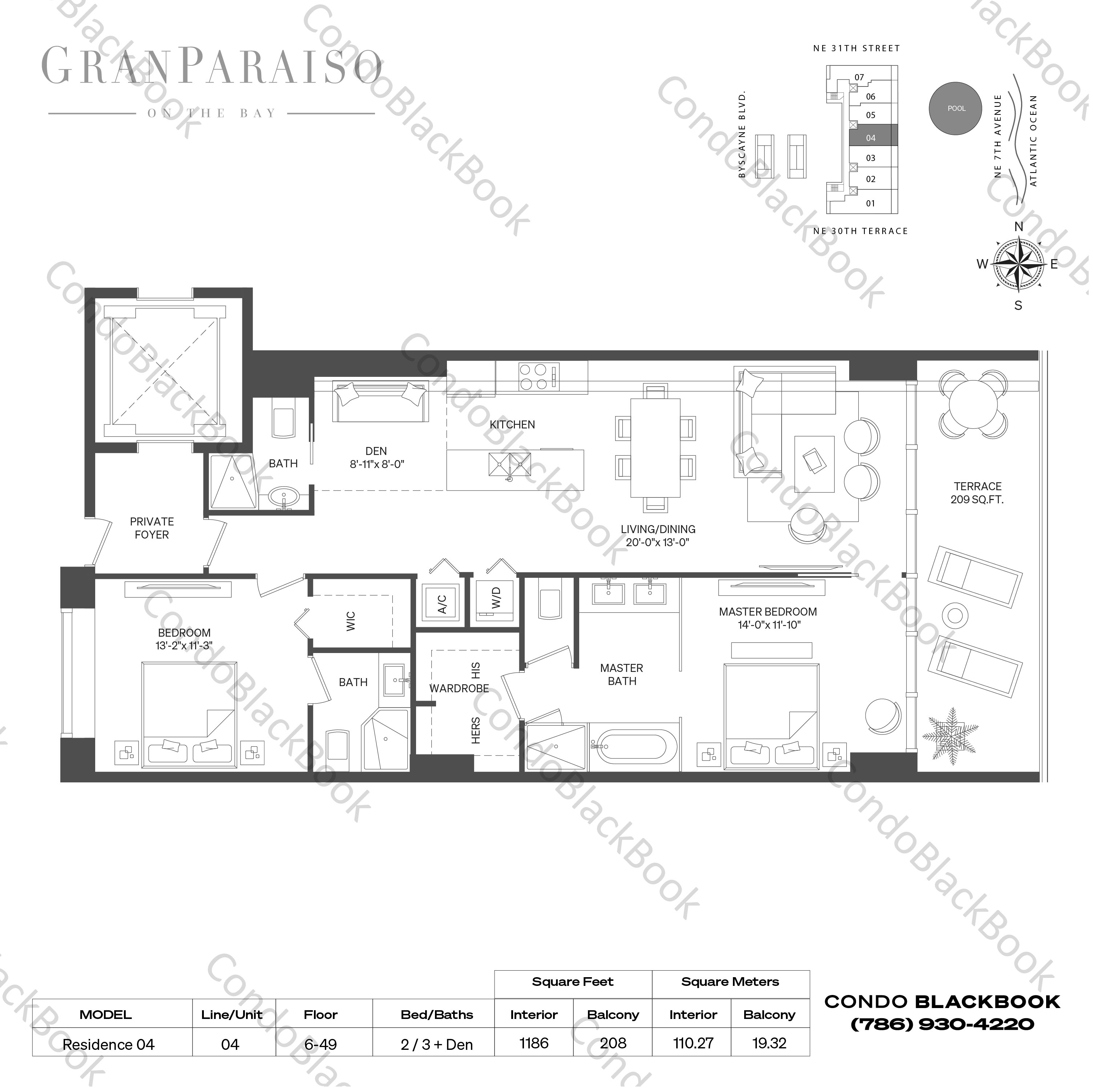 Floor plan for Gran Paraiso Edgewater Miami, model Residence 04, line 04, 2 / 3 + Den bedrooms, 1186 sq ft