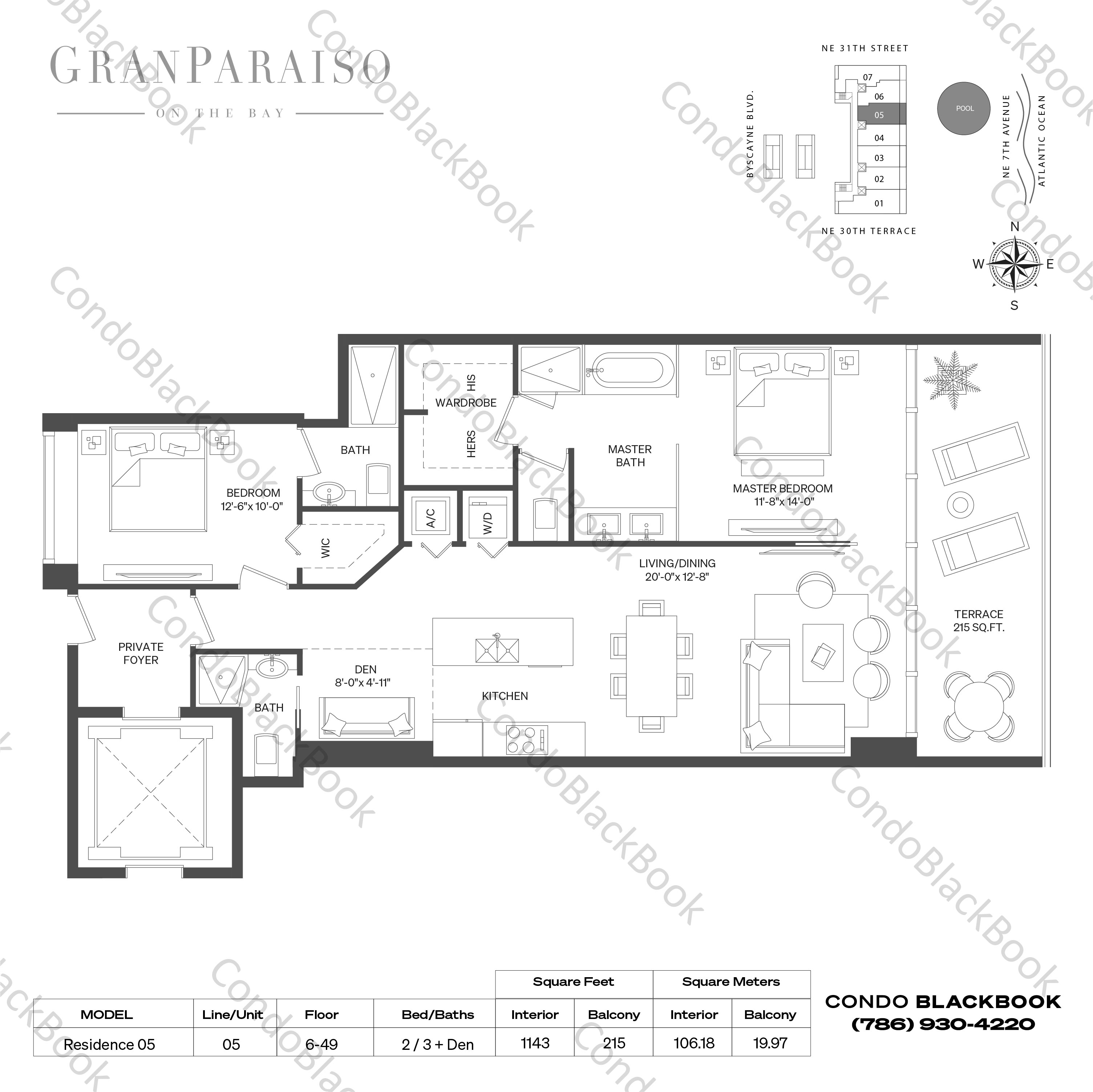 Floor plan for Gran Paraiso Edgewater Miami, model Residence 05, line 05, 2 / 3 + Den bedrooms, 1143 sq ft