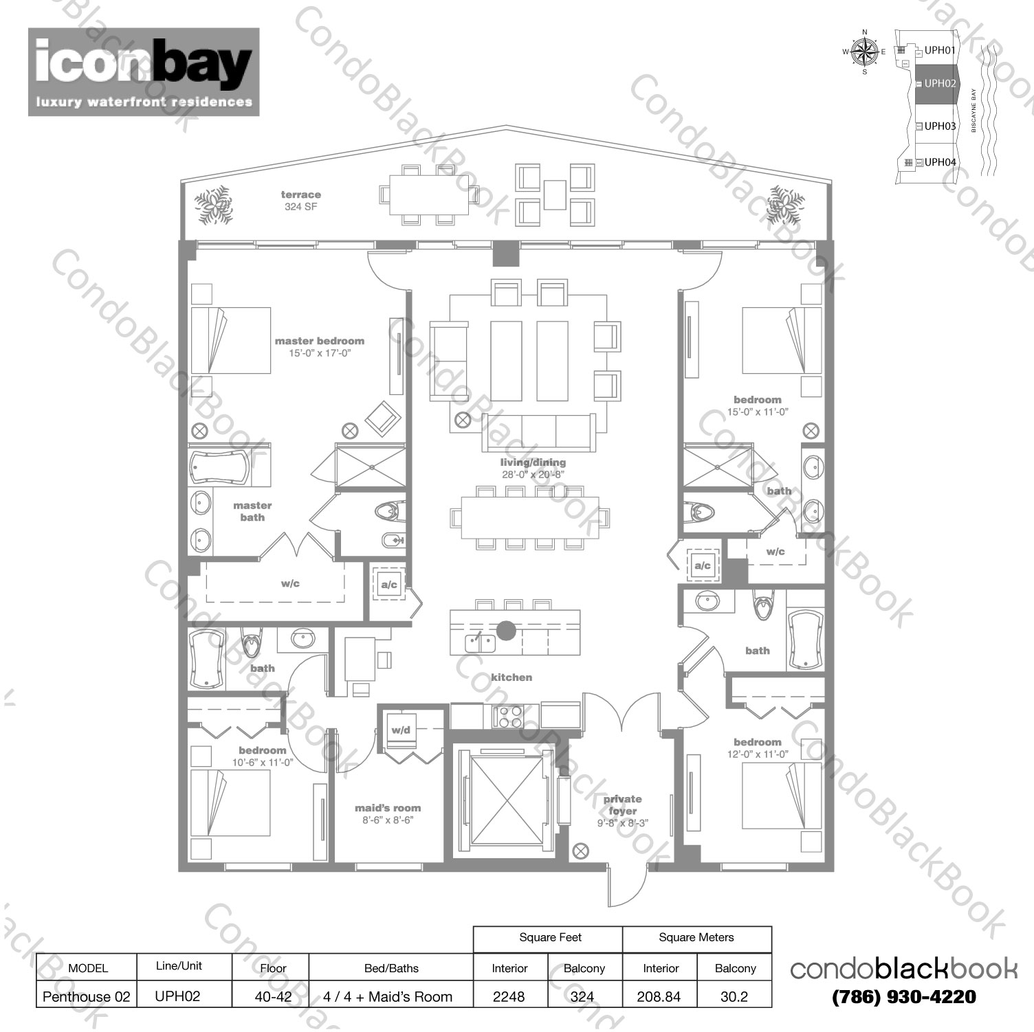 Floor plan for Icon Bay Edgewater Miami, model Penthouse 02, line UPH02, 4 / 4 + Maid’s Room bedrooms, 2248 sq ft