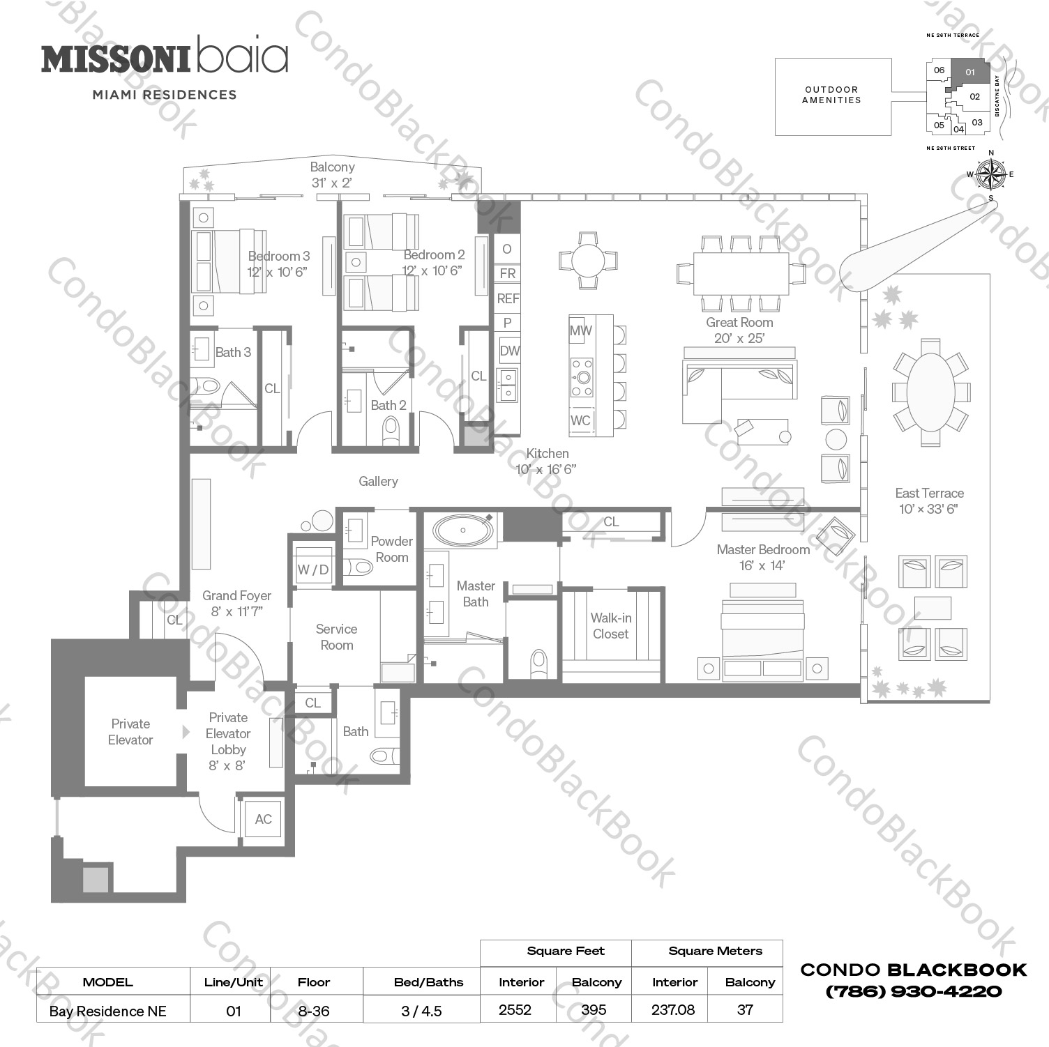 Floor plan for Missoni Baia Edgewater Miami, model Bay Residence NE, line 01, 3 / 4.5 bedrooms, 2552 sq ft