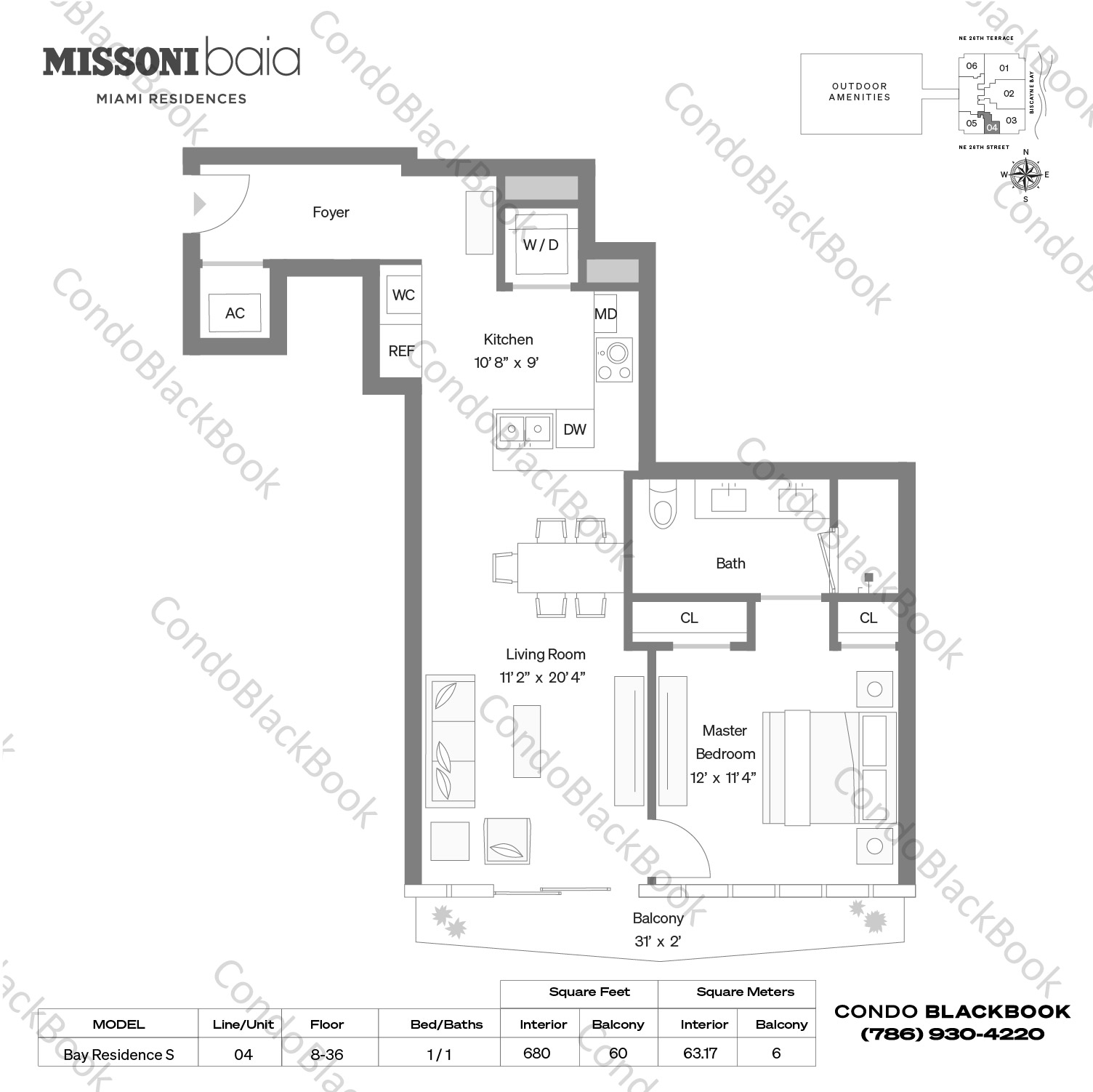 Floor plan for Missoni Baia Edgewater Miami, model Bay Residence S, line 04, 1 / 1 bedrooms, 680 sq ft