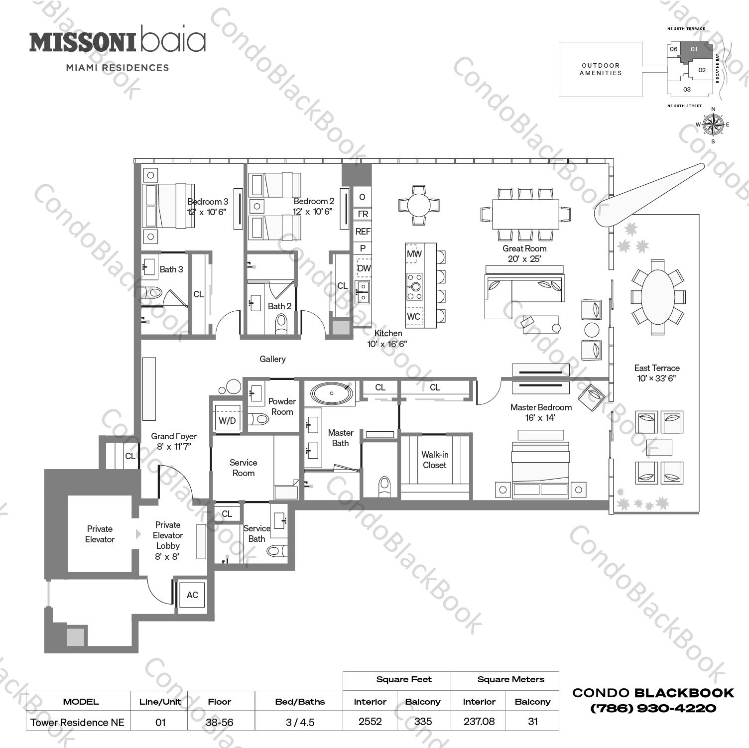 Floor plan for Missoni Baia Edgewater Miami, model Tower Residence NE, line 01, 3 / 4.5 bedrooms, 2552 sq ft