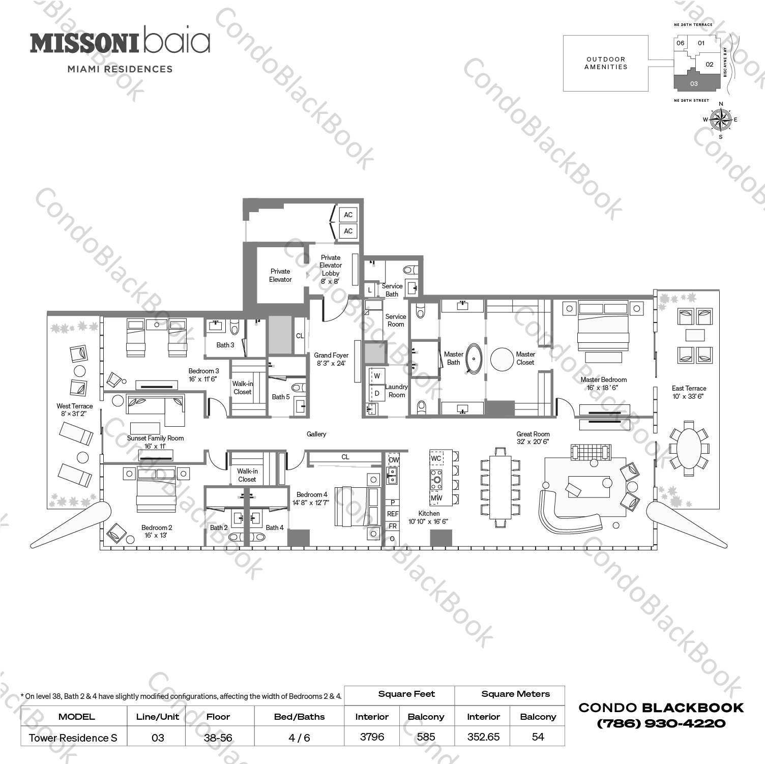 Floor plan for Missoni Baia Edgewater Miami, model Tower Residence S, line 03, 4 / 6 bedrooms, 3796 sq ft