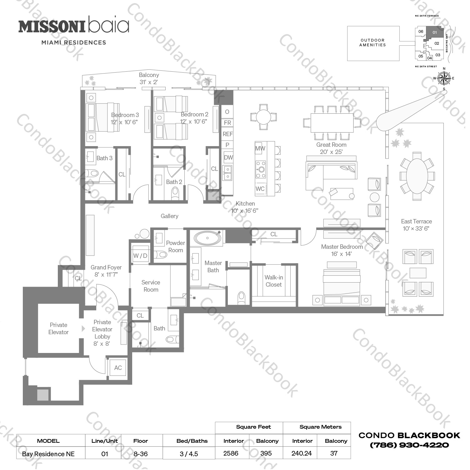 Floor plan for Missoni Baia Edgewater Miami, model Bay Residence NE, line 01, 3 / 4.5 bedrooms, 2586 sq ft