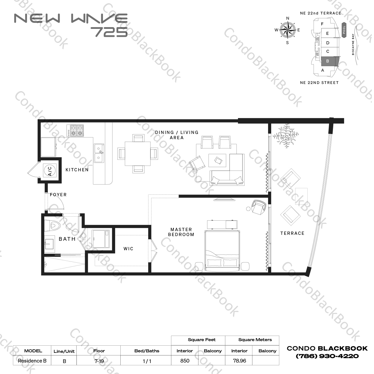 Floor plan for New Wave Condo Edgewater Miami, model Residence B, line B, 1 / 1 bedrooms, 850 sq ft