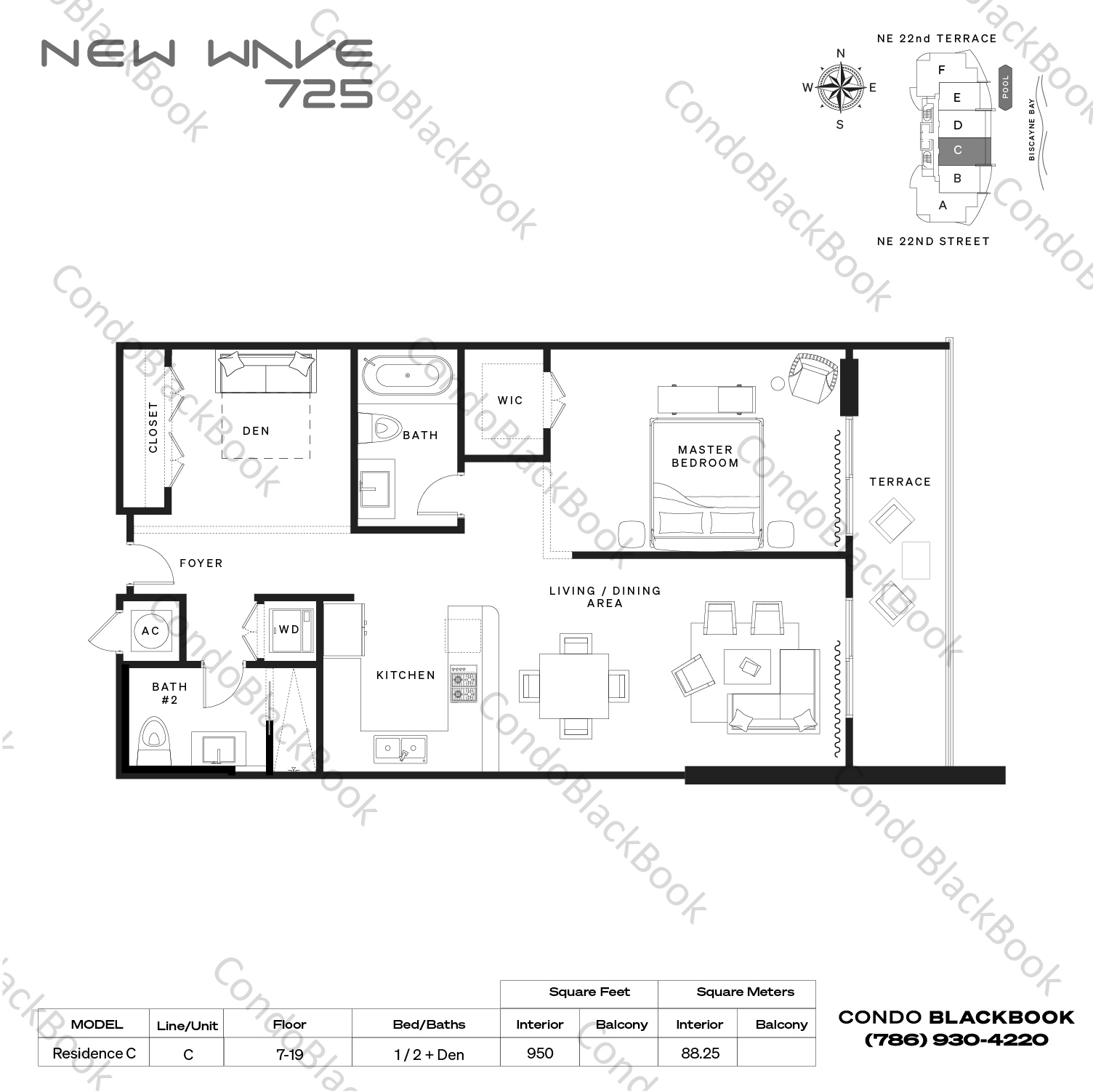 Floor plan for New Wave Condo Edgewater Miami, model Residence C, line C, 1 / 2 + Den bedrooms, 950 sq ft