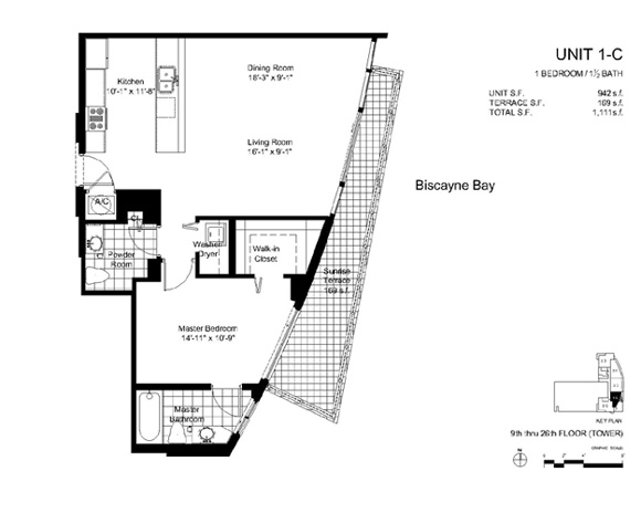Floor plan for Onyx Edgewater Miami, model 1C, line 02, 1/1.5 bedrooms, 942 sq ft