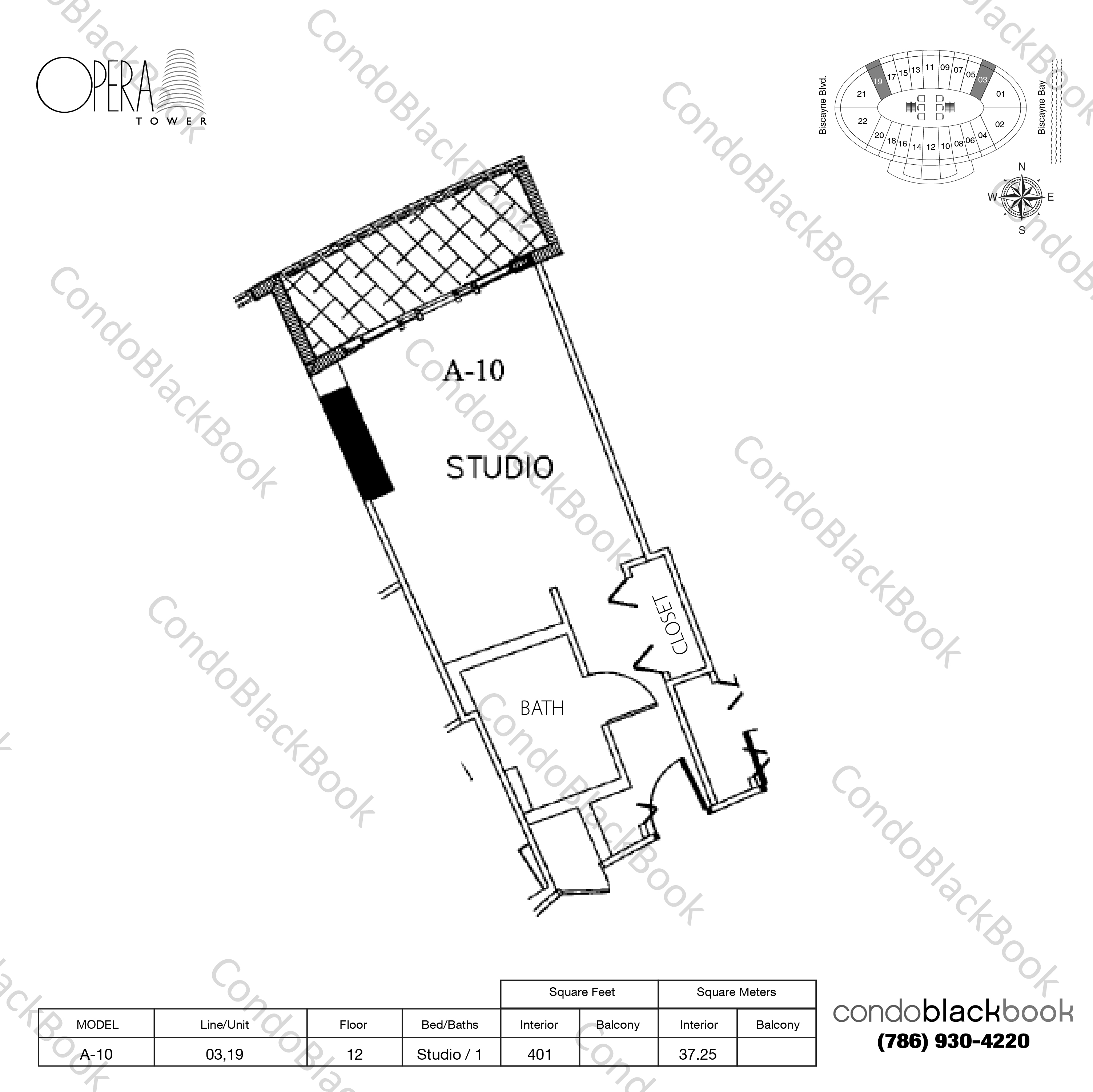 Floor plan for Opera Tower Edgewater Miami, model A-10, line 03,19, Studio / 1 bedrooms, 401 sq ft
