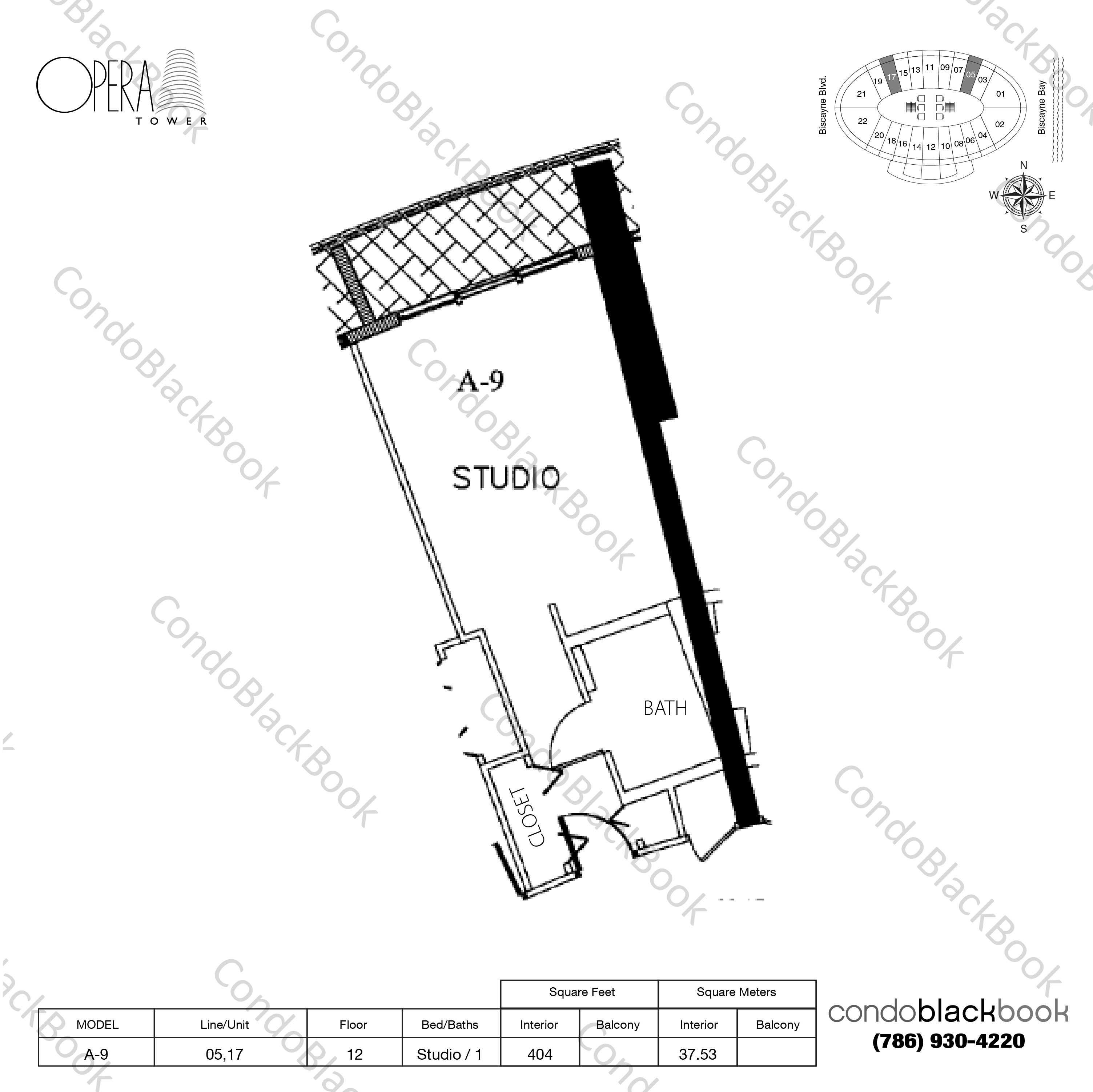 Floor plan for Opera Tower Edgewater Miami, model A-9, line 05,17, Studio / 1 bedrooms, 407 sq ft