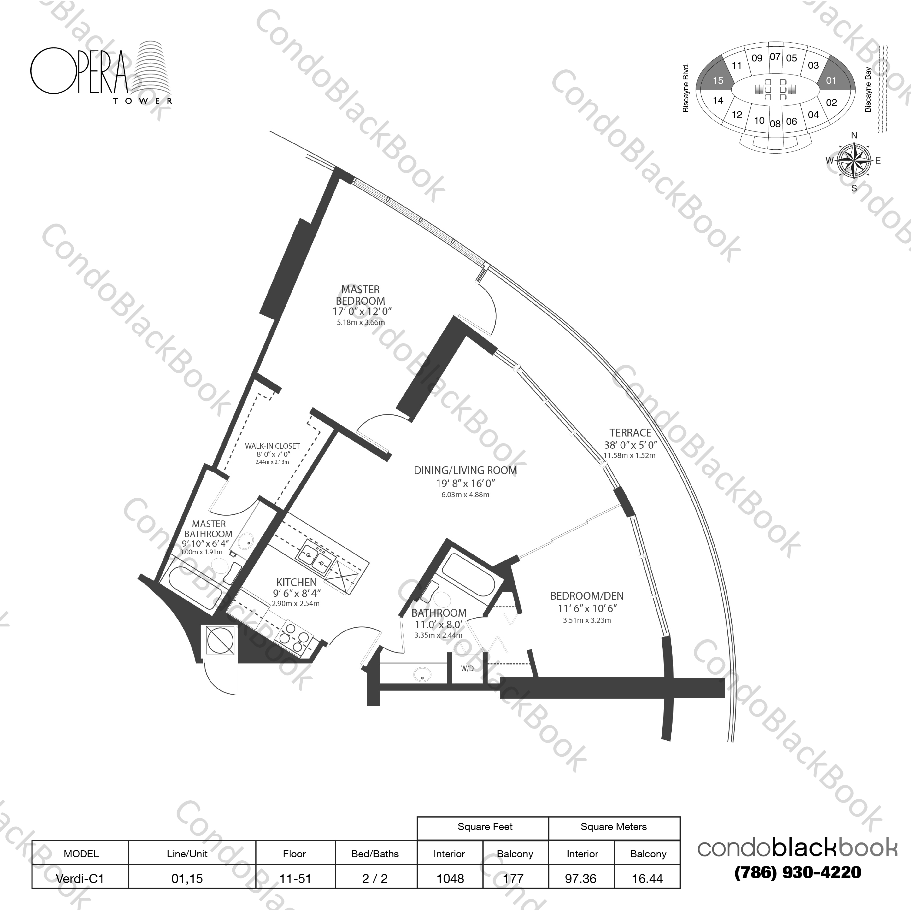 Floor plan for Opera Tower Edgewater Miami, model Verdi-C1, line 01,15, 2 / 2 bedrooms, 1048 sq ft