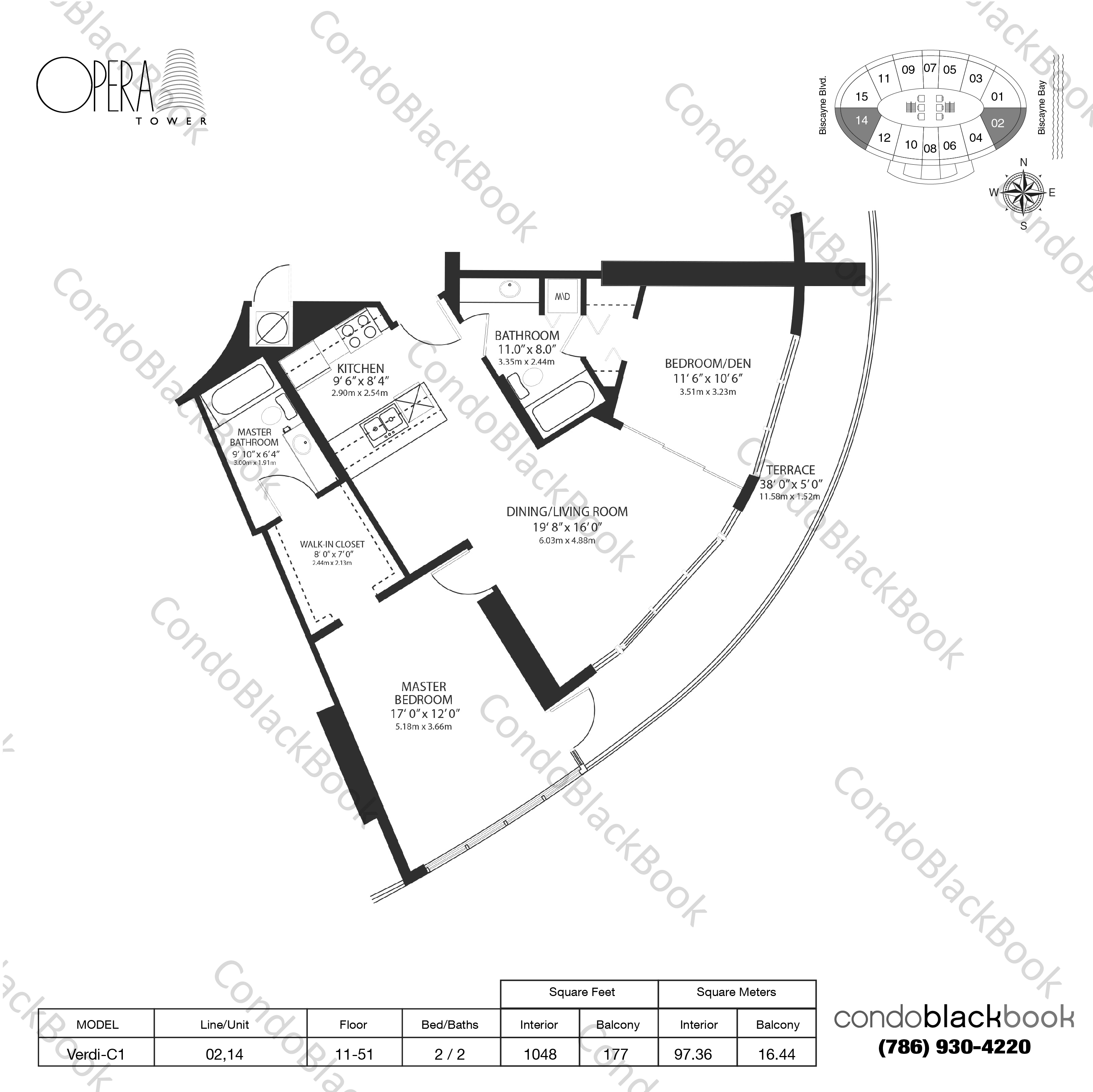 Floor plan for Opera Tower Edgewater Miami, model Verdi-C1, line 02,14, 2 / 2 bedrooms, 1048 sq ft