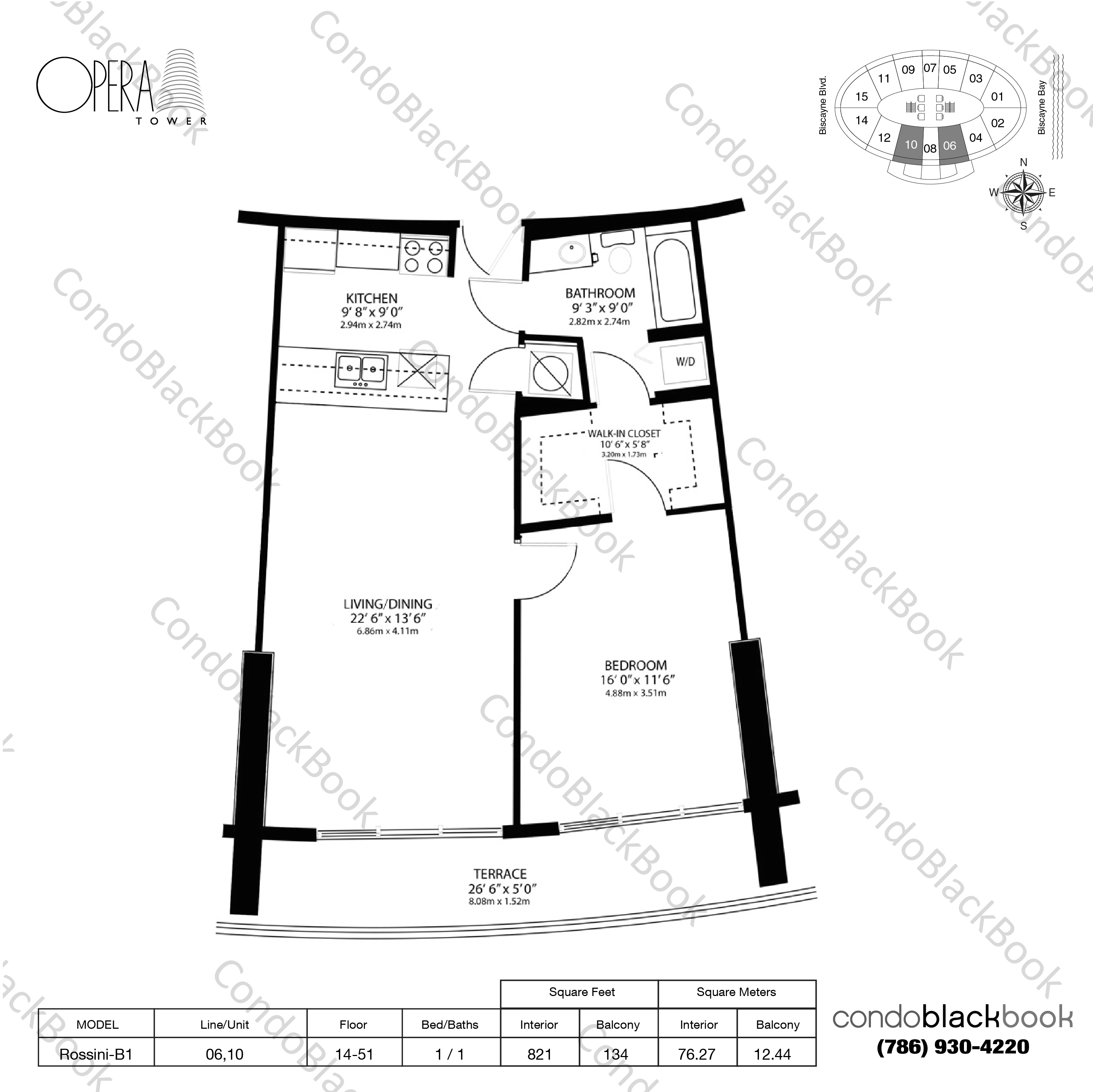 Floor plan for Opera Tower Edgewater Miami, model Rossini-B1, line 06,10, 1 / 1 bedrooms, 821 sq ft