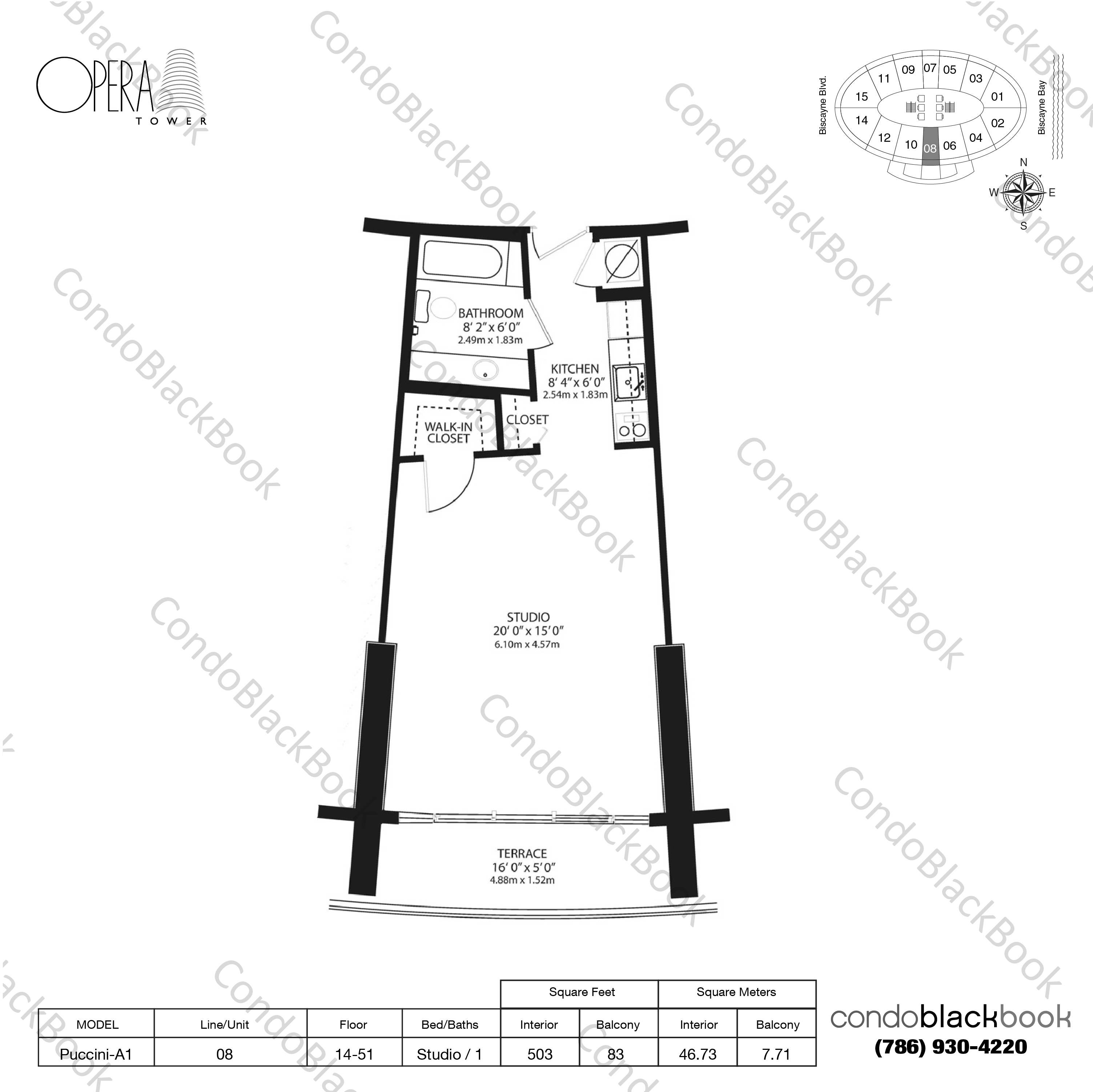 Floor plan for Opera Tower Edgewater Miami, model Puccini-A1, line 08, Studio / 1 bedrooms, 503 sq ft