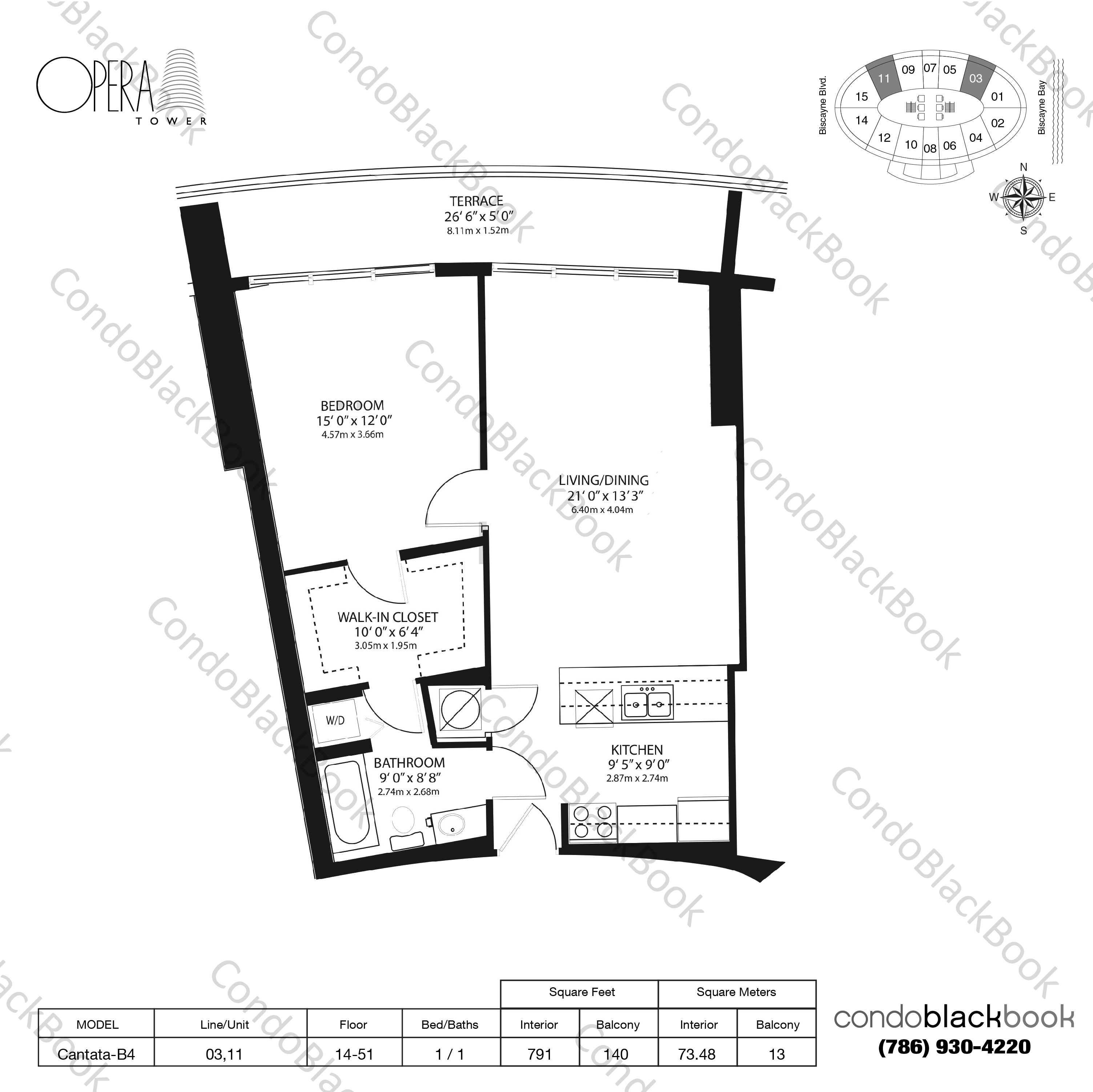 Floor plan for Opera Tower Edgewater Miami, model Cantata-B4, line 03,11, 1 / 1 bedrooms, 791 sq ft