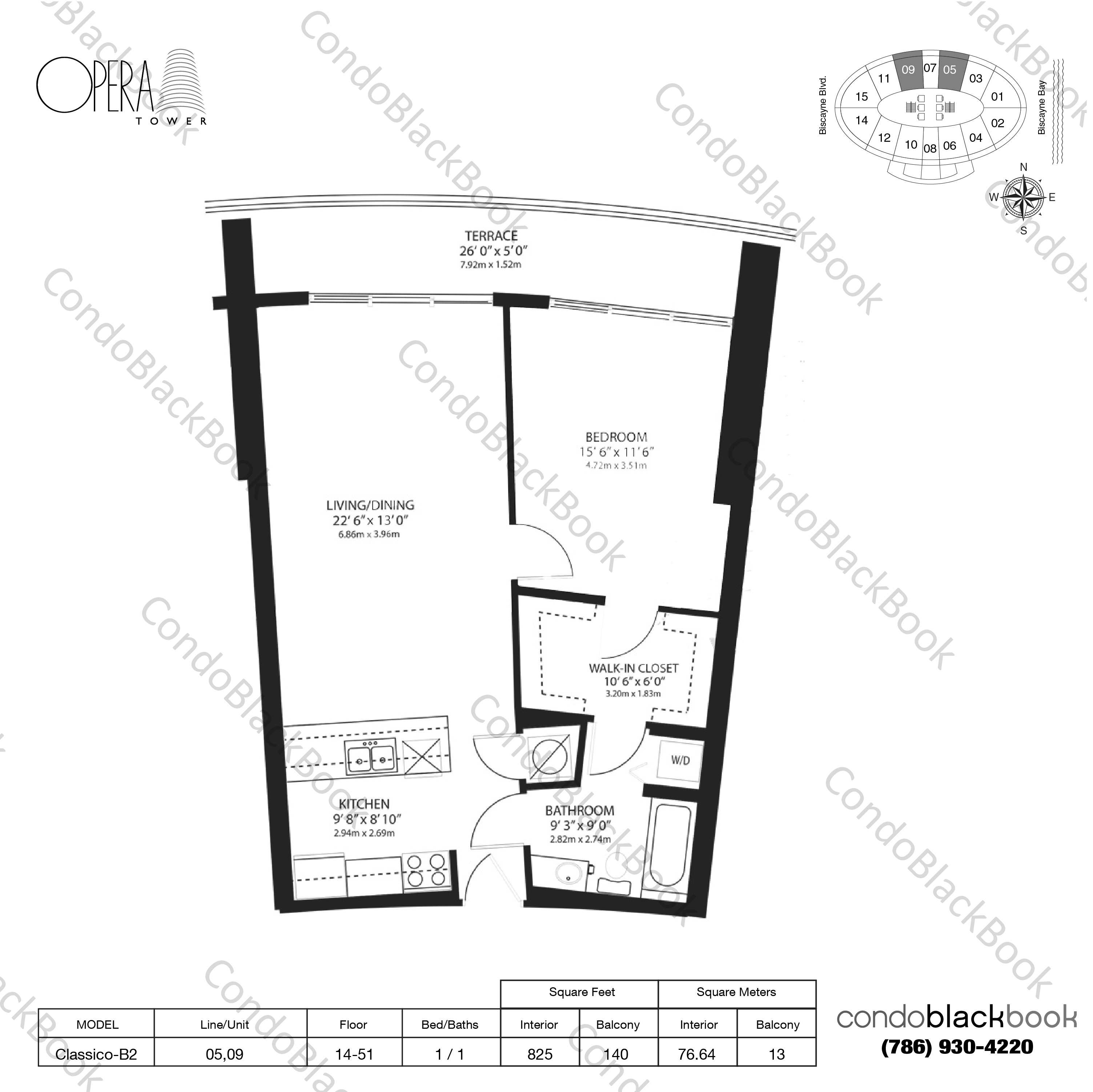 Floor plan for Opera Tower Edgewater Miami, model Classico-B2, line 05,09, 1 / 1 bedrooms, 825 sq ft