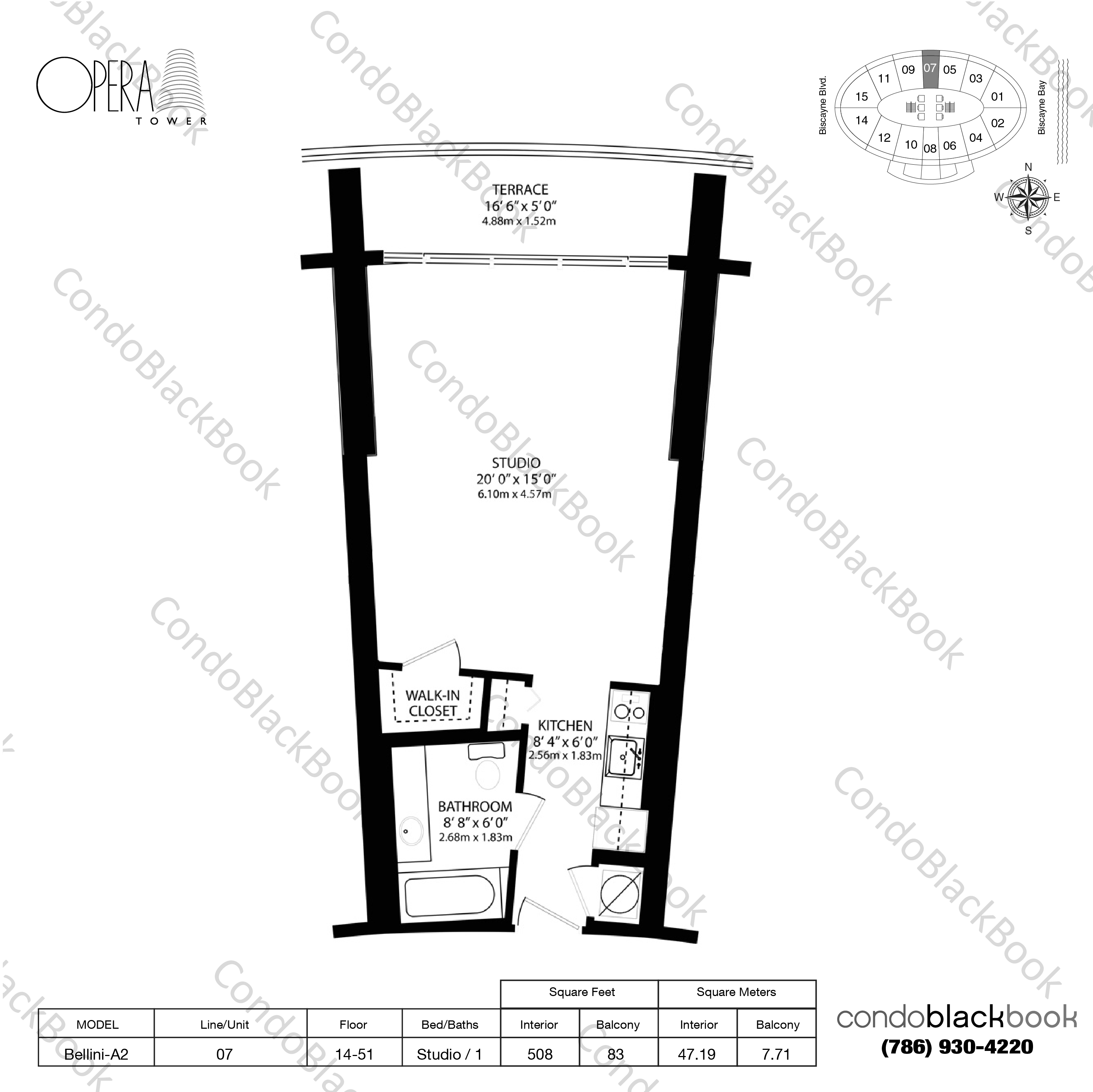 Floor plan for Opera Tower Edgewater Miami, model Bellini A2, line 07, Studio / 1 bedrooms, 508 sq ft