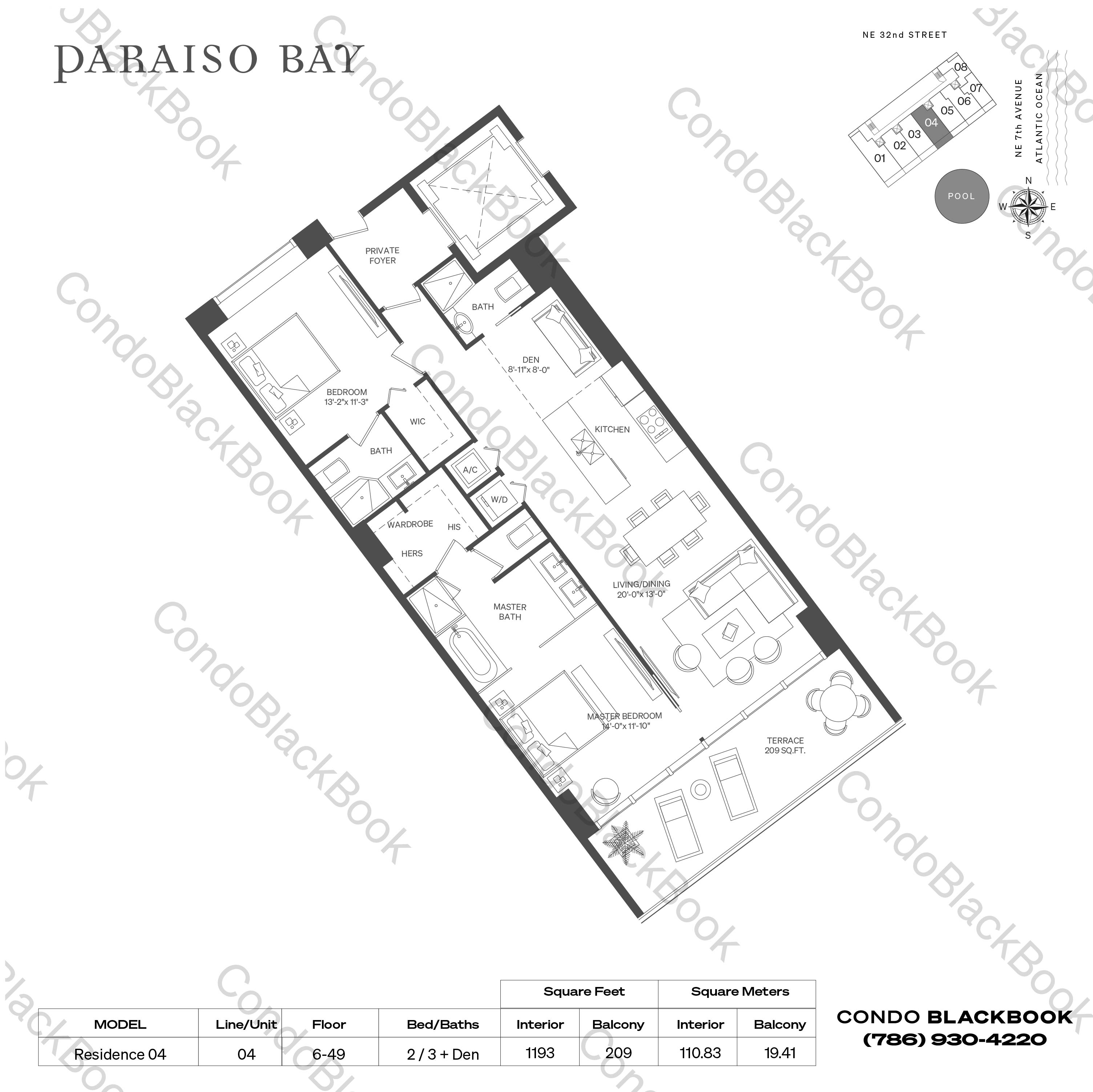 Floor plan for Paraiso Bay Edgewater Miami, model Penthouse 04, line PH04,04, 4 / 4.5 bedrooms, 3182 sq ft