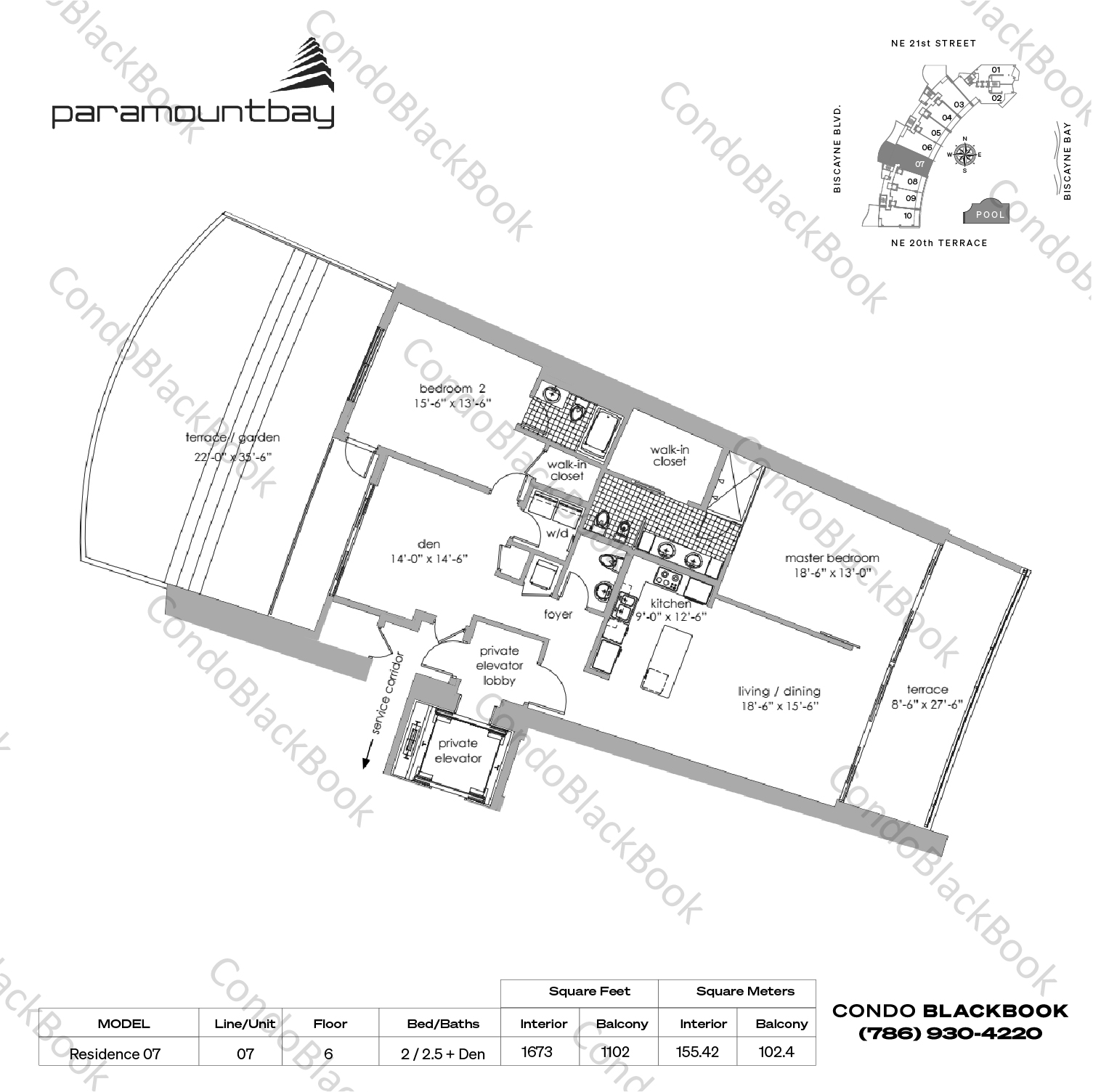 Floor plan for Paramount Bay Edgewater Miami, model Residence 07, line 07, 2 / 2.5 + Den bedrooms, 1673 sq ft