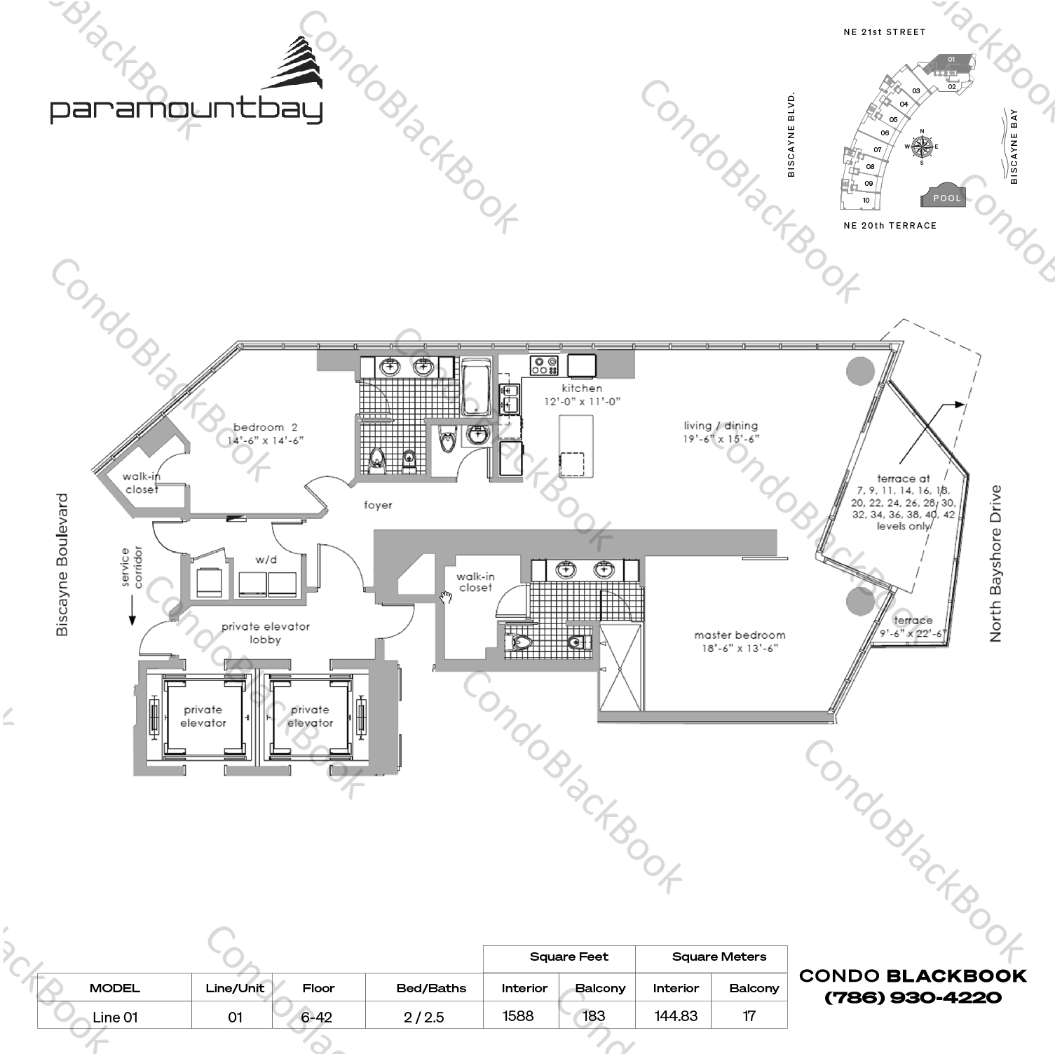 Floor plan for Paramount Bay Edgewater Miami, model Line 01, line 01, 2 / 2.5 bedrooms, 1588 sq ft