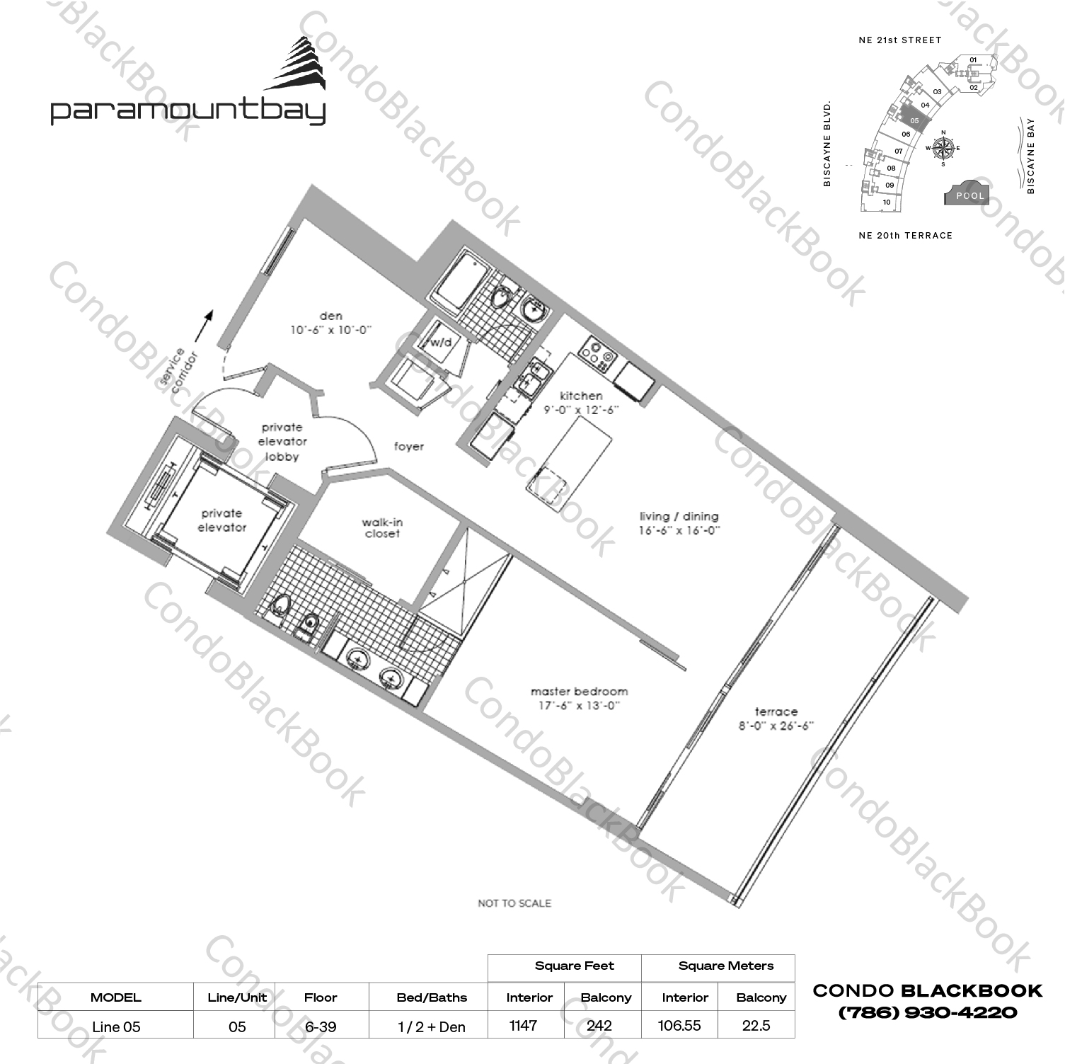 Floor plan for Paramount Bay Edgewater Miami, model Line 05, line 05, 1 / 2 + Den bedrooms, 1147 sq ft